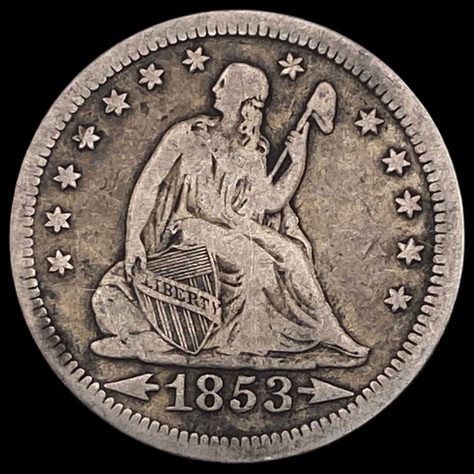 1853 Arrows/Rays Seated Liberty Quarter LIGHTLY CIRCULATED (1 of 2)