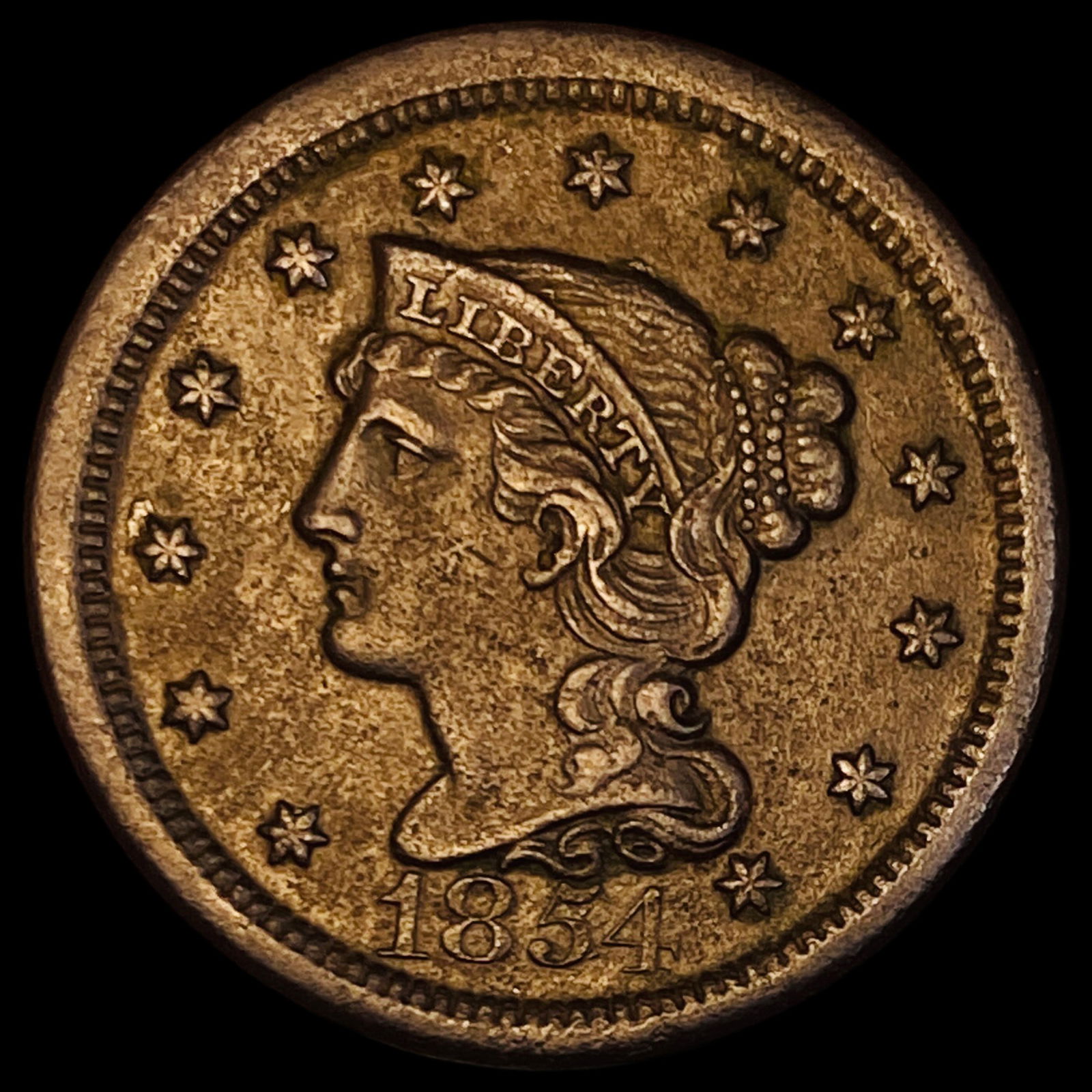 1854 Braided Hair Large Cent CHOICE AU: 1854 Braided Hair Large Cent CHOICE AU