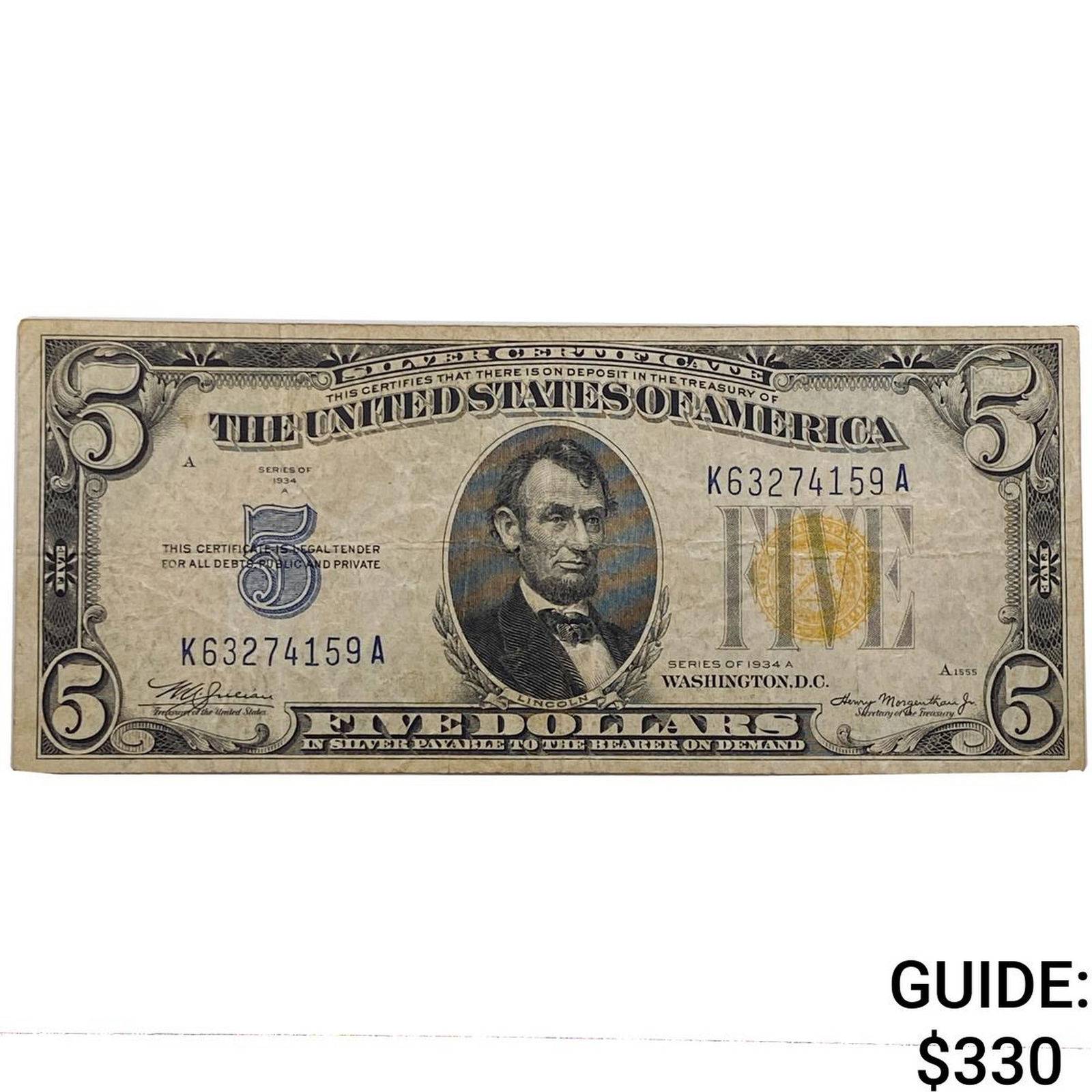 1934 $5 United States Silver Cert.-Yellow Seal: 1934 $5 United States Silver Cert.-Yellow Seal
