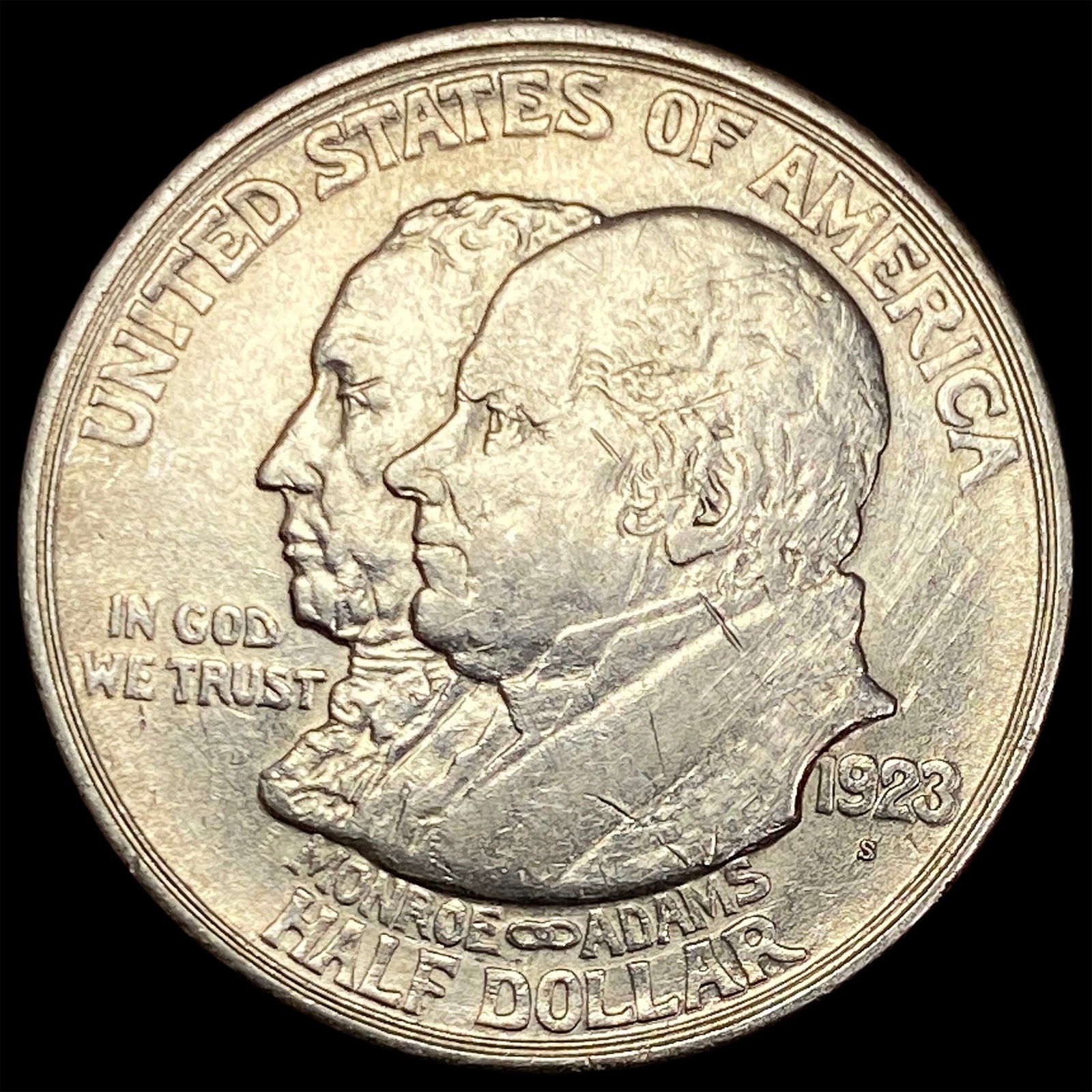 1923-S Silver Monroe Doctrine Half Dollar CLOSELY UNCIRCULATED: 1923-S Silver Monroe Doctrine Half Dollar CLOSELY UNCIRCULATED