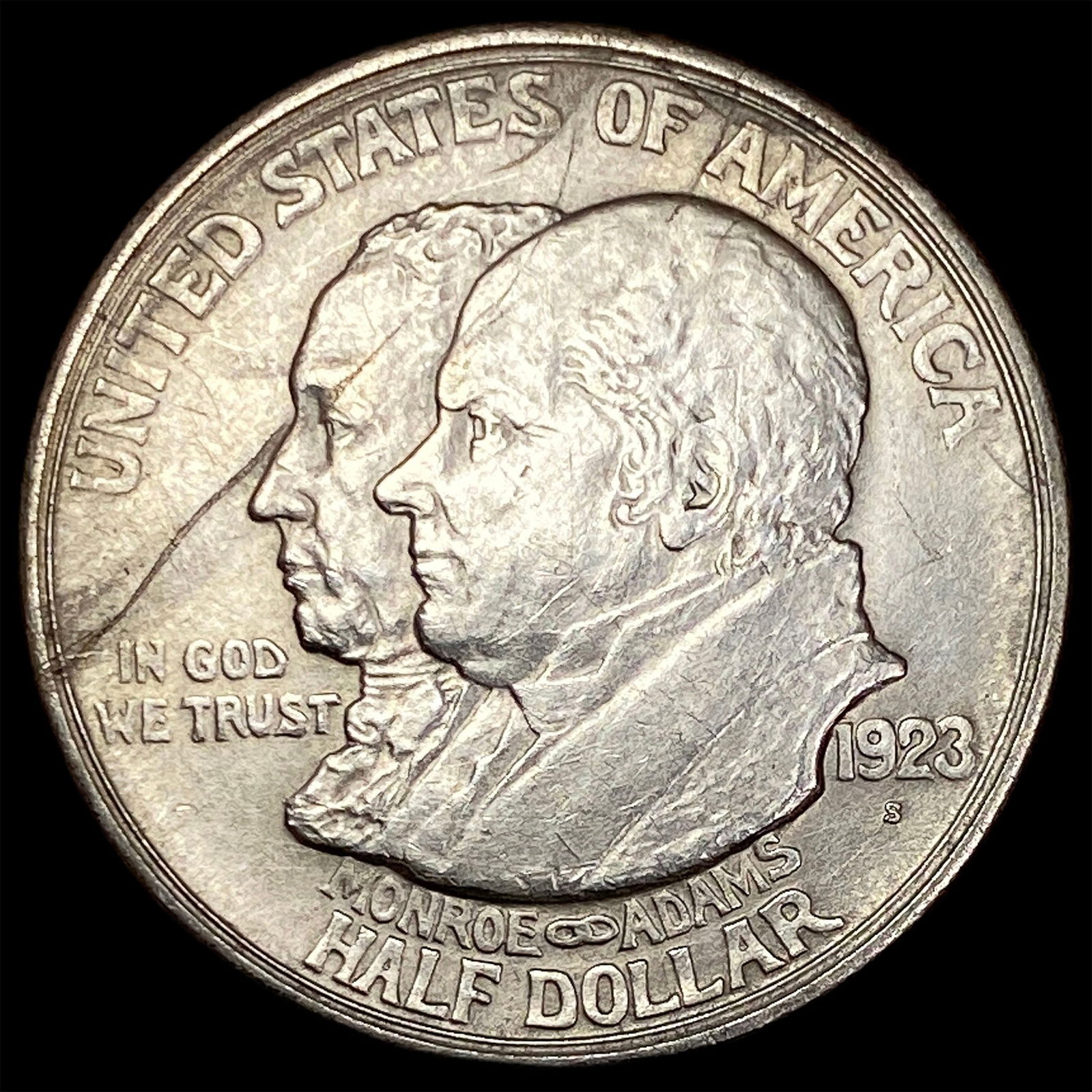 1923-S Silver Monroe Doctrine Centennial Half Dollar CLOSELY UNCIRCULATED: 1923-S Silver Monroe Doctrine Centennial Half Dollar CLOSELY UNCIRCULATED