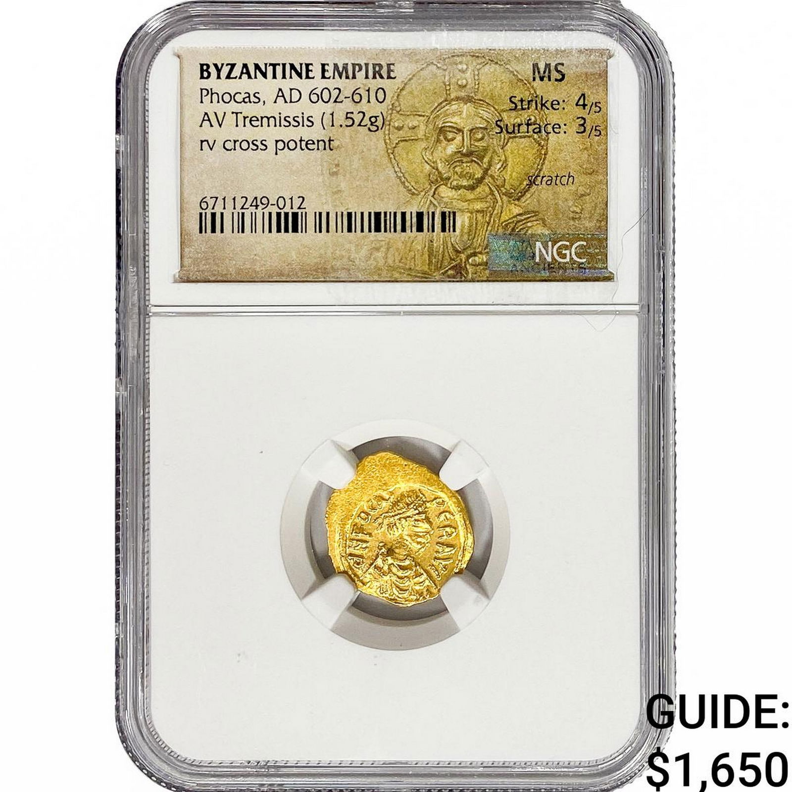 Byzantine Phocas, AD 602-640 Gold Tremissis 1.52G NGC MS: Byzantine Phocas, AD 602-640 Gold Tremissis 1.52G NGC MS