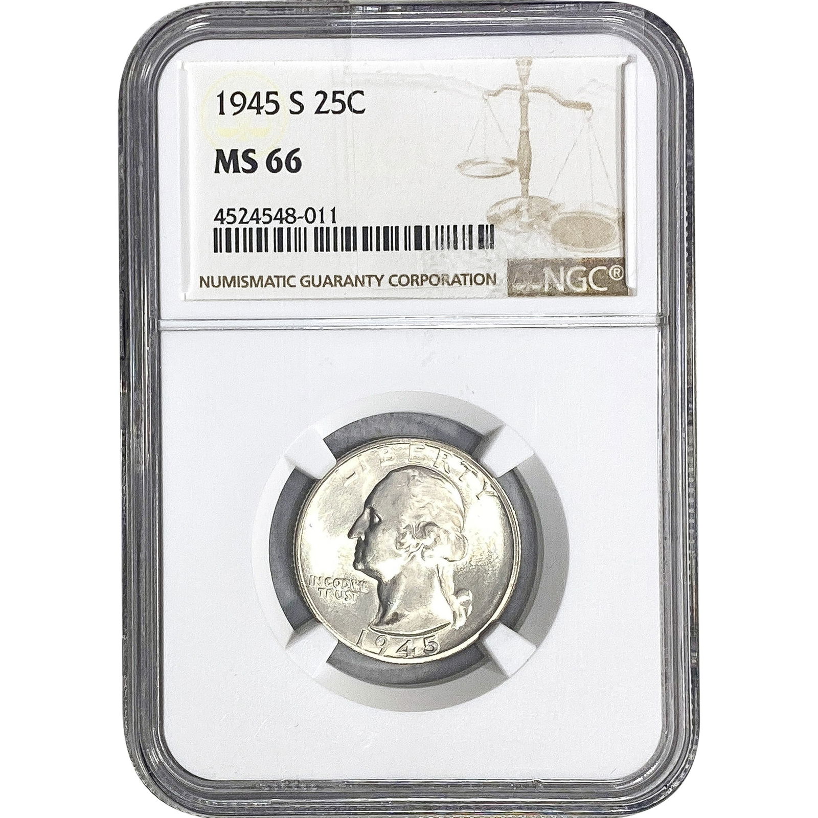 1945-S Washington Silver Quarter NGC MS66: 1945-S Washington Silver Quarter NGC MS66
