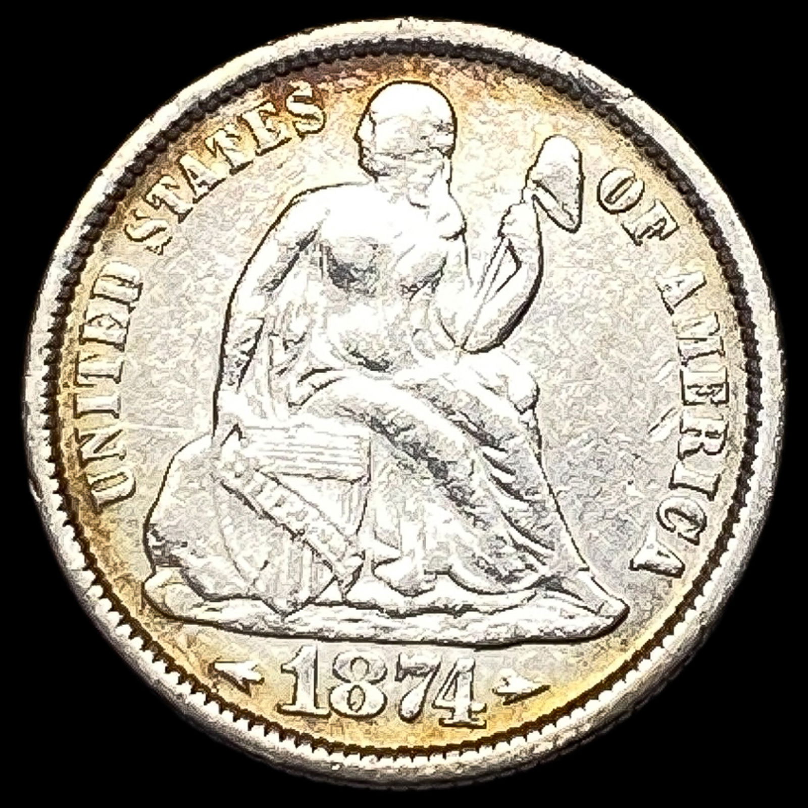 1874 Arrows Seated Liberty Dime ABOUT UNCIRCULATED: 1874 Arrows Seated Liberty Dime ABOUT UNCIRCULATED