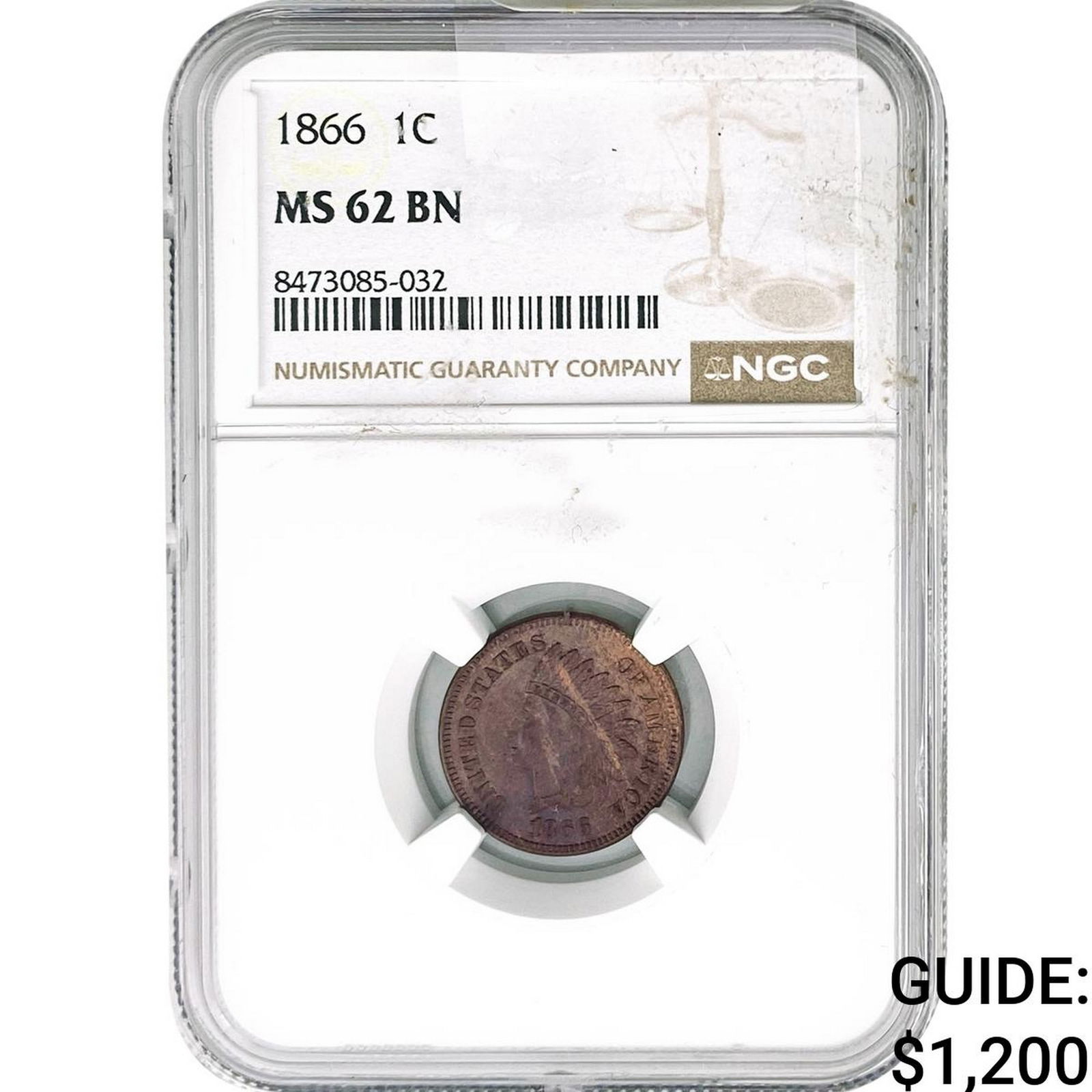 1866 Indian Head Cent NGC MS62 BN (1 of 2)