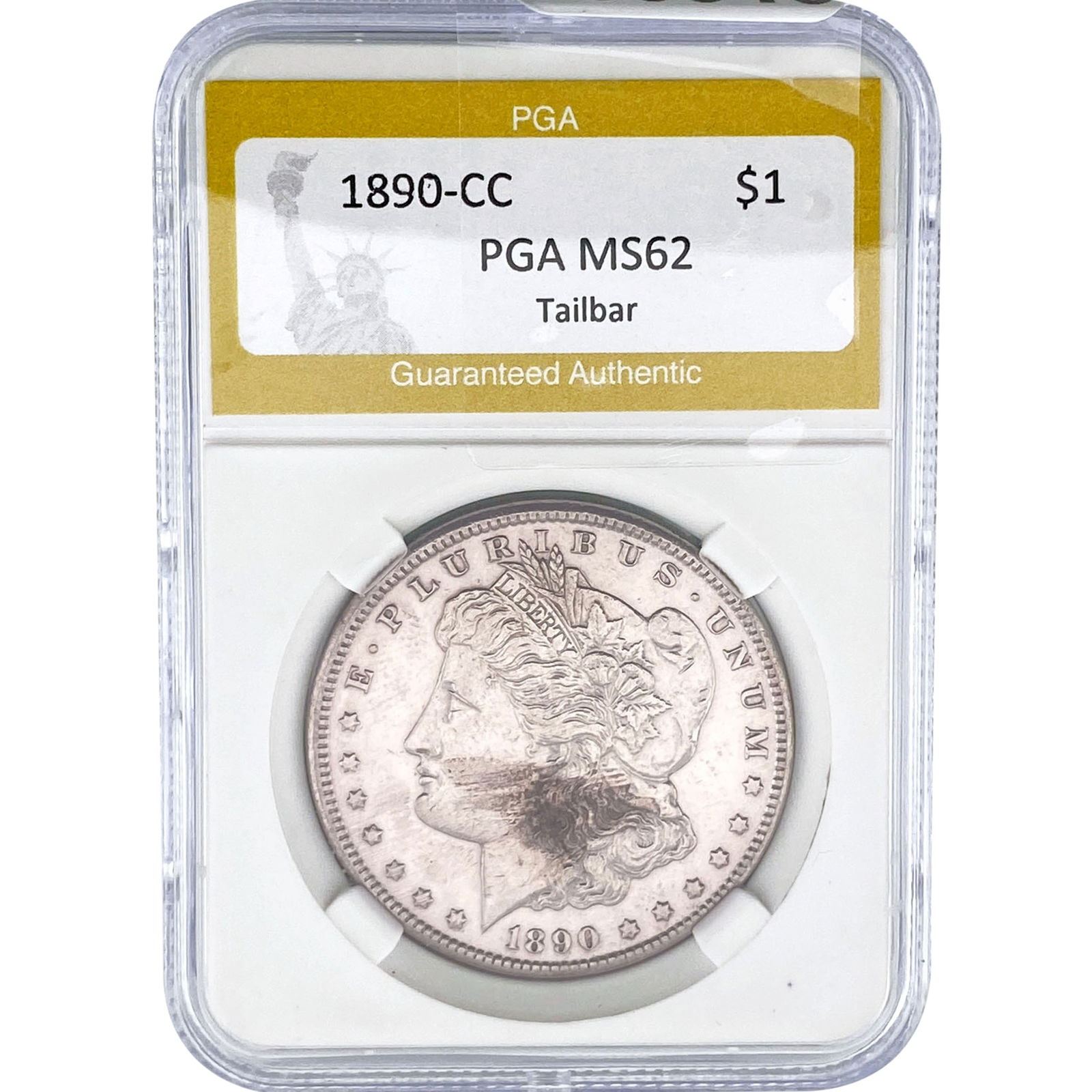 1890-CC Morgan Silver Dollar PGA MS62 Tailbar: 1890-CC Morgan Silver Dollar PGA MS62 Tailbar
