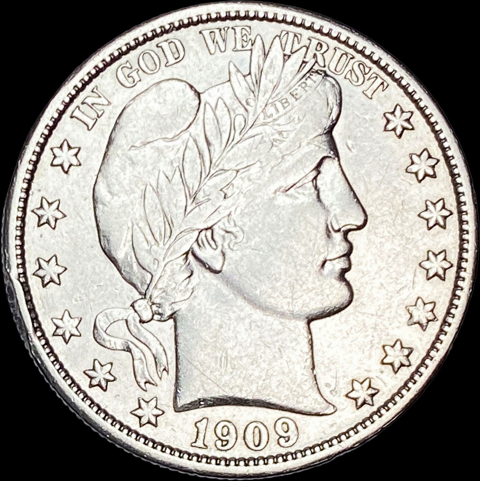 1909 Silver Half Dollar (Barber) NEARLY UNCIRCULATED: 1909 Silver Half Dollar (Barber) NEARLY UNCIRCULATED