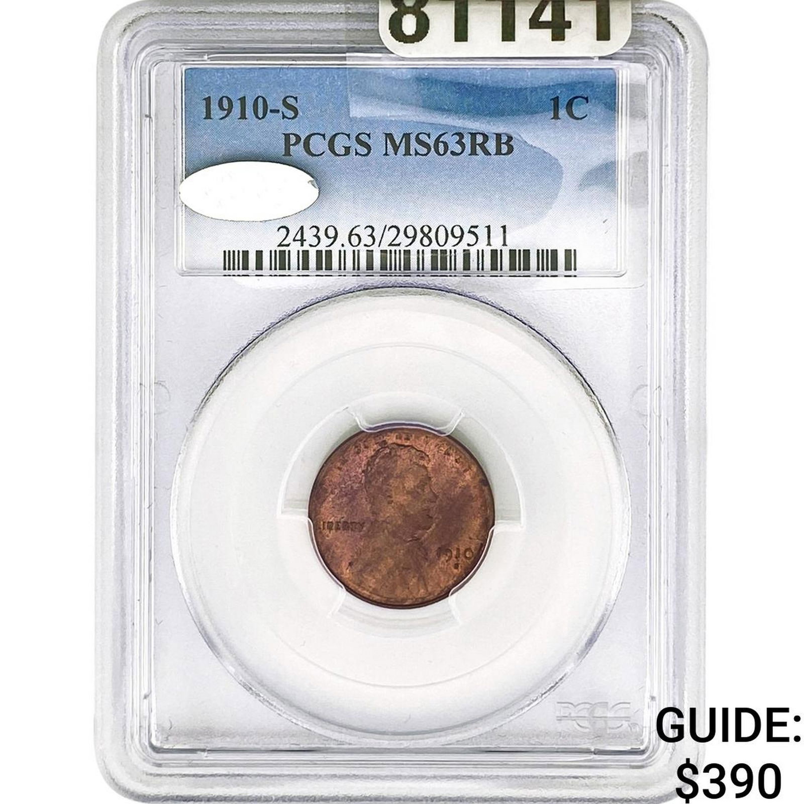 1910-S Wheat Cent PCGS MS63 RB: 1910-S Wheat Cent PCGS MS63 RB