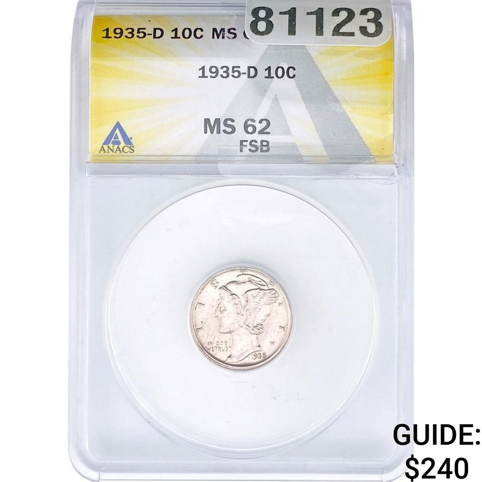 1935-D Mercury Silver Dime ANACS MS62 FSB: 1935-D Mercury Silver Dime ANACS MS62 FSB