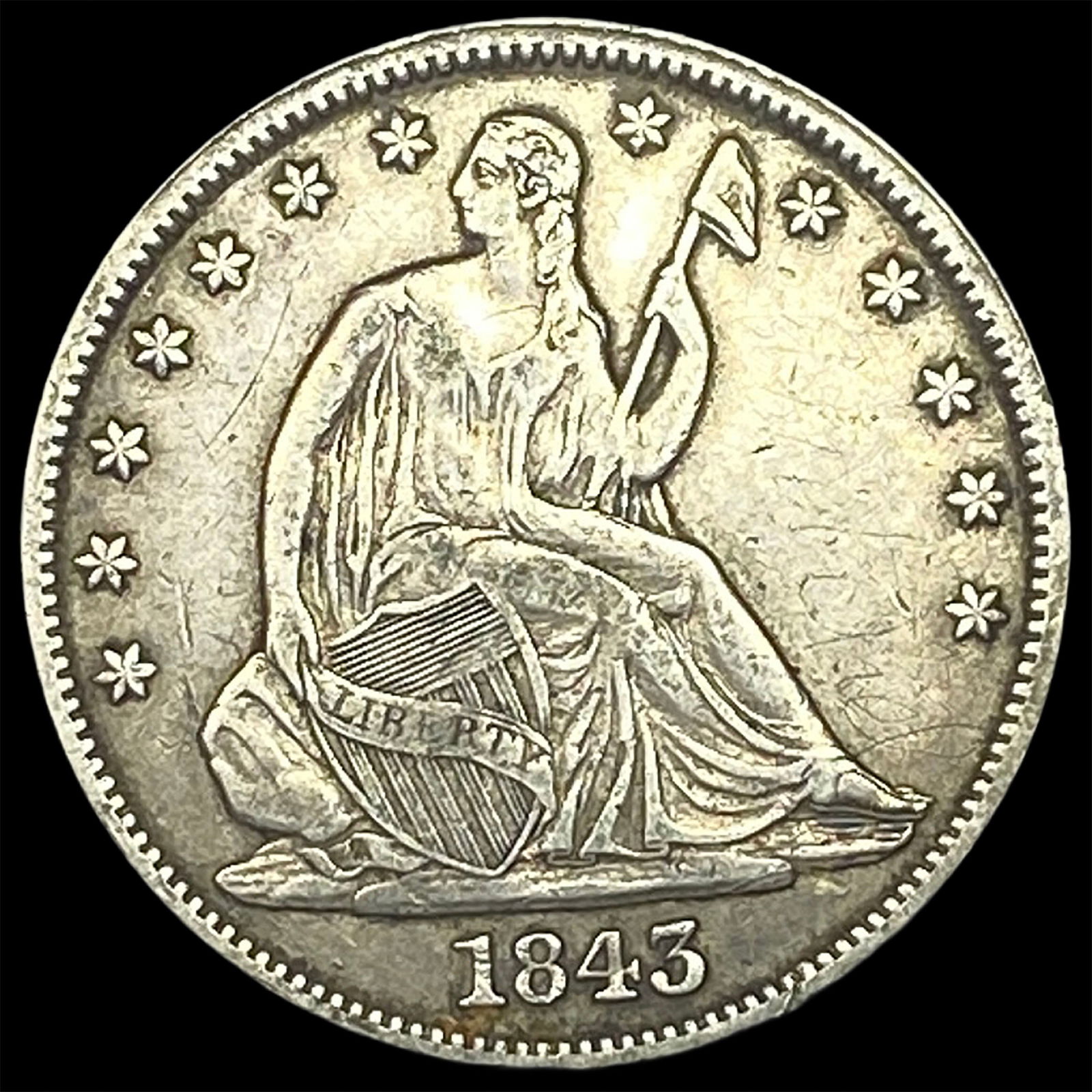 1843 Silver Half Dollar (Seated Liberty) NEARLY UNCIRCULATED: 1843 Silver Half Dollar (Seated Liberty) NEARLY UNCIRCULATED