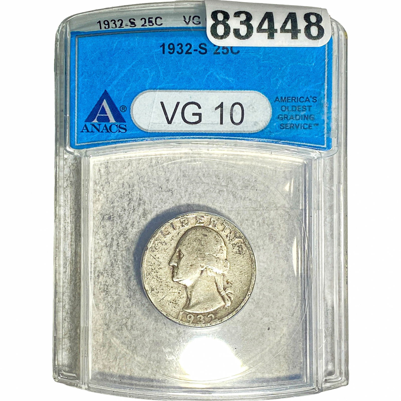 1932-S Washington Silver Quarter ANACS VG10: 1932-S Washington Silver Quarter ANACS VG10