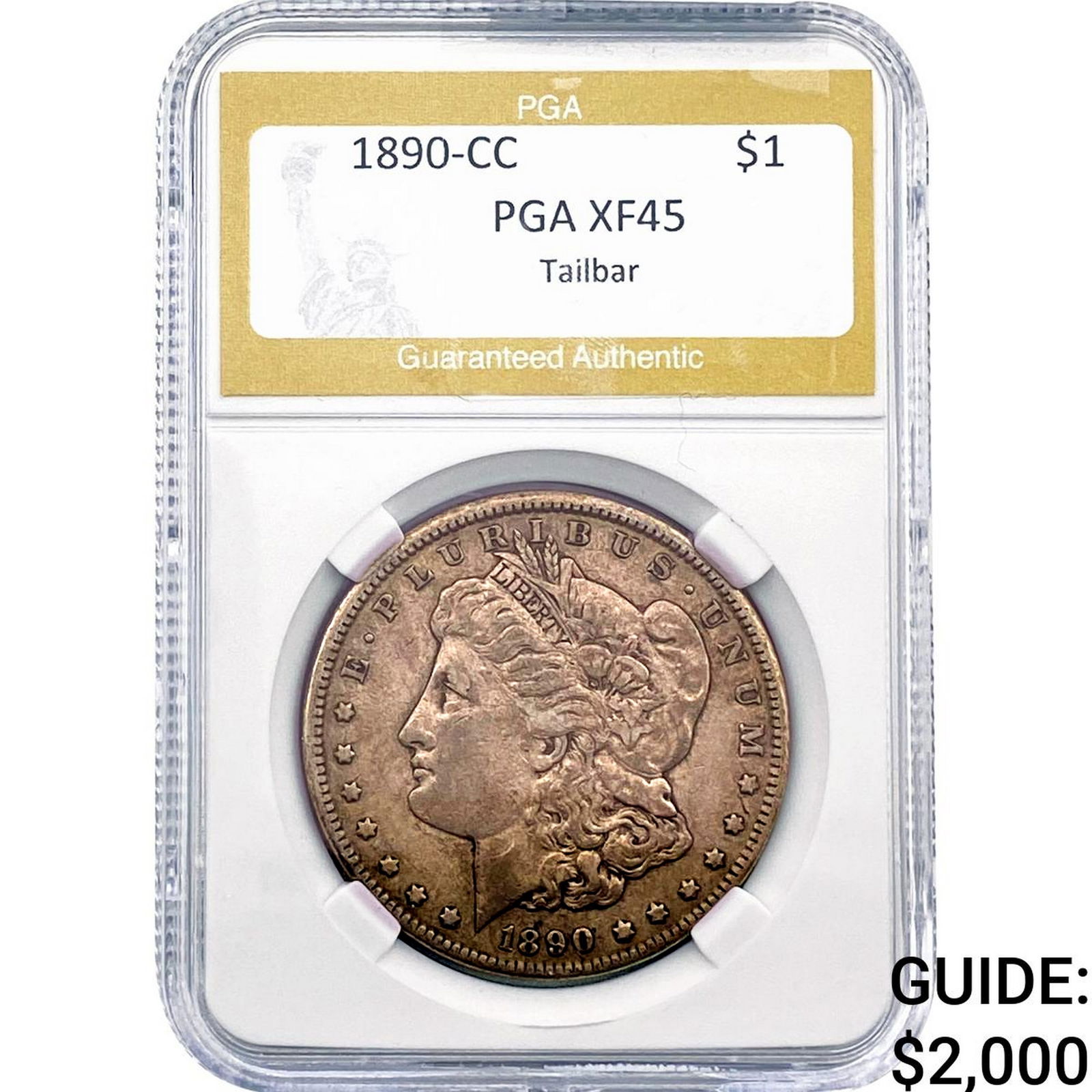 1890-CC Morgan Silver Dollar PGA XF45 Tailbar: 1890-CC Morgan Silver Dollar PGA XF45 Tailbar