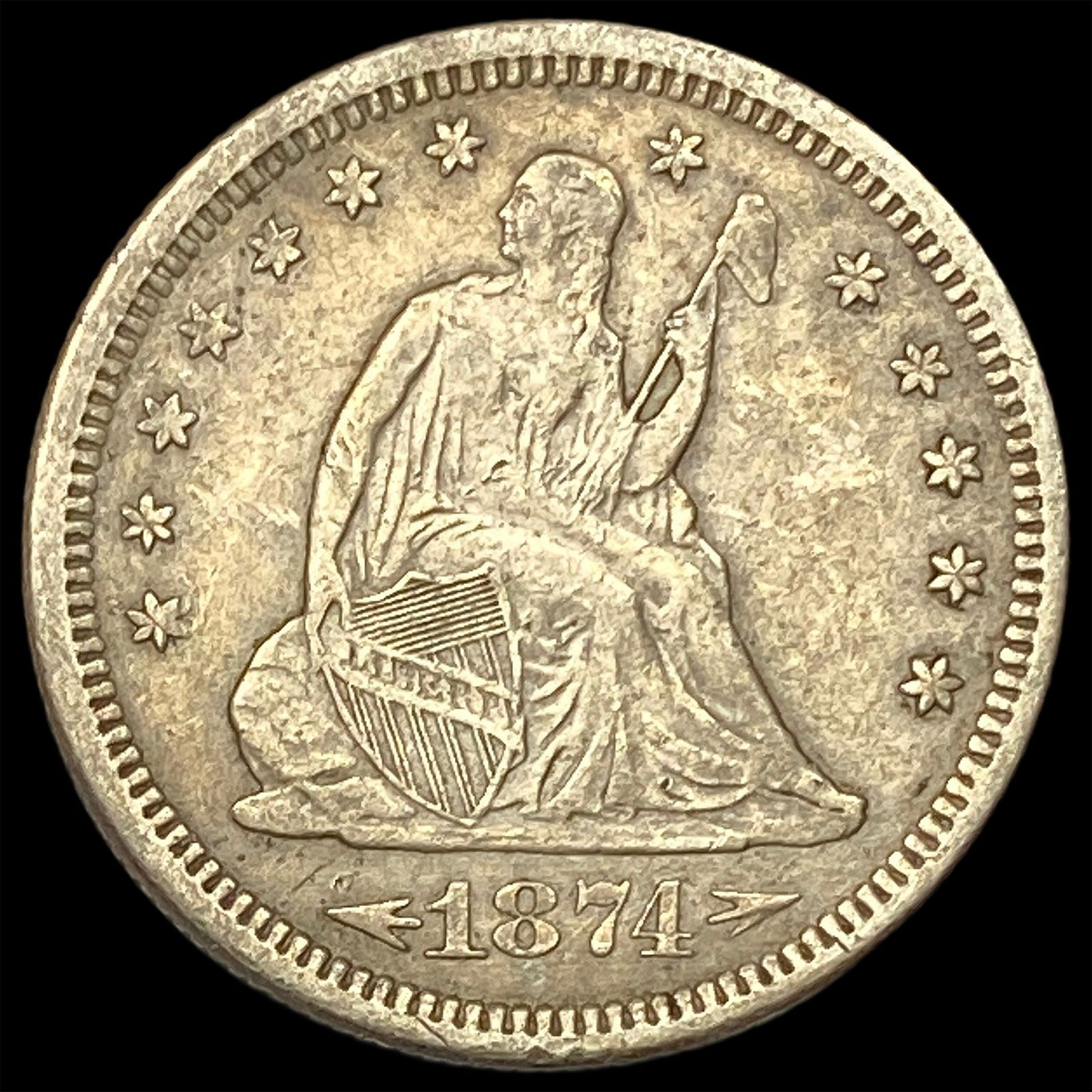 1874-S Silver Seated Liberty Quarter NEARLY UNCIRCULATED: 1874-S Silver Seated Liberty Quarter NEARLY UNCIRCULATED