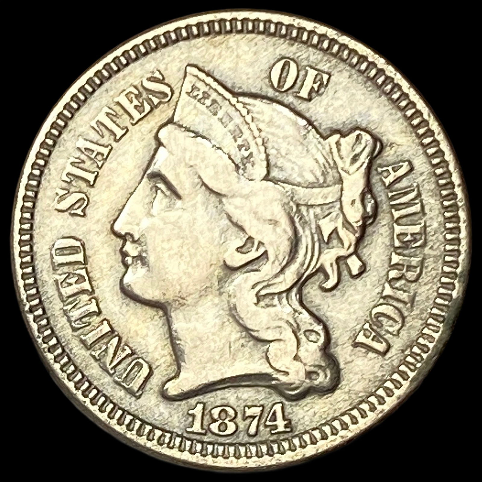 1874 Nickel Three-Cent Piece NEARLY UNCIRCULATED (1 of 2)