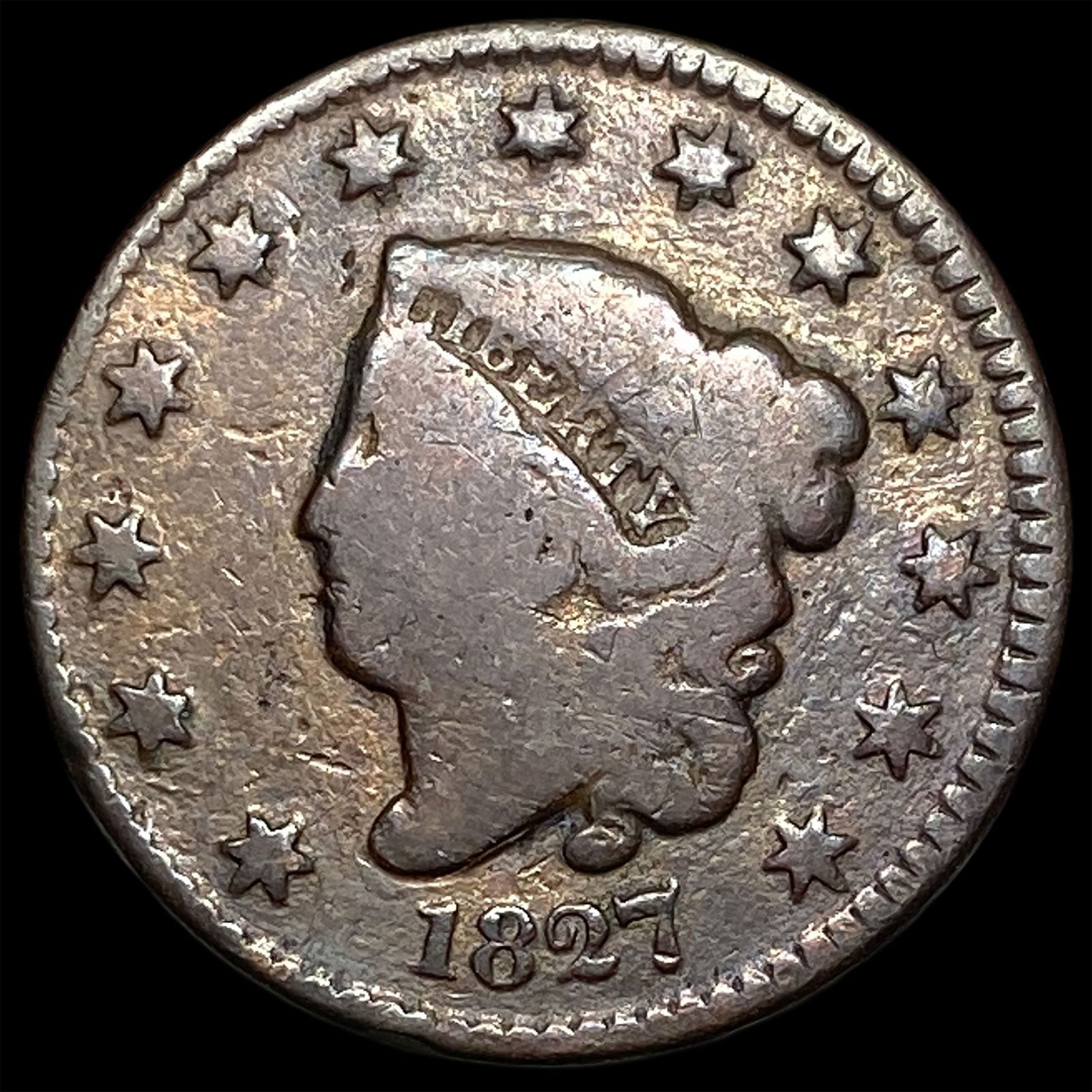 1827 Coronet Head Large Cent NICELY CIRCULATED: 1827 Coronet Head Large Cent NICELY CIRCULATED
