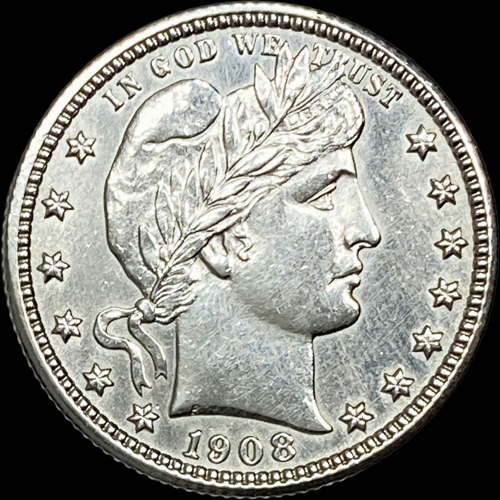 1908 Silver Barber Quarter CLOSELY UNCIRCULATED: 1908 Silver Barber Quarter CLOSELY UNCIRCULATED