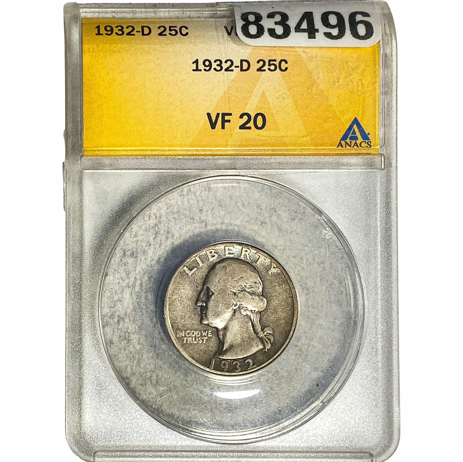 1932-D Washington Silver Quarter ANACS VF20: 1932-D Washington Silver Quarter ANACS VF20