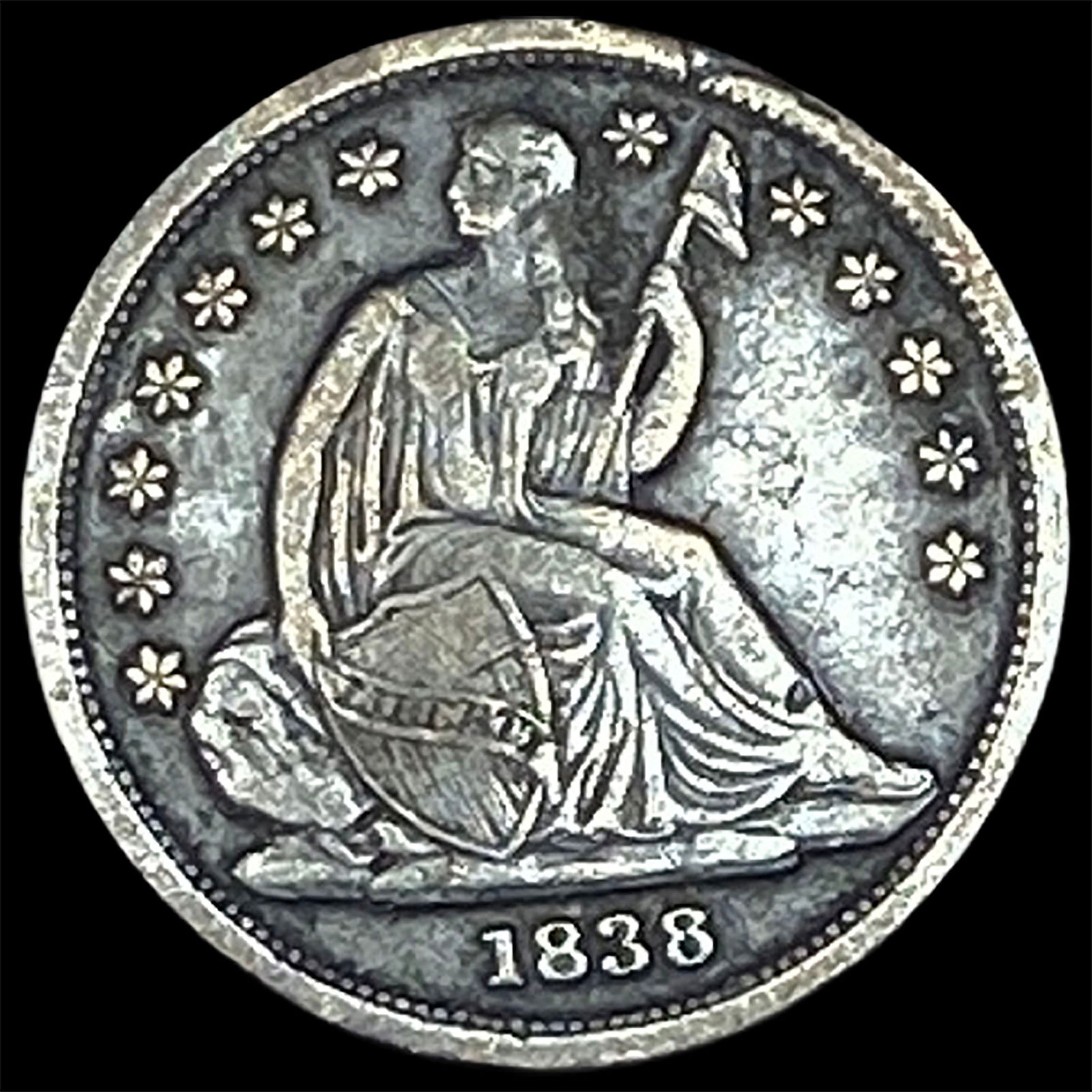 1838 Silver Seated Liberty Dime NEARLY UNCIRCULATED: 1838 Silver Seated Liberty Dime NEARLY UNCIRCULATED