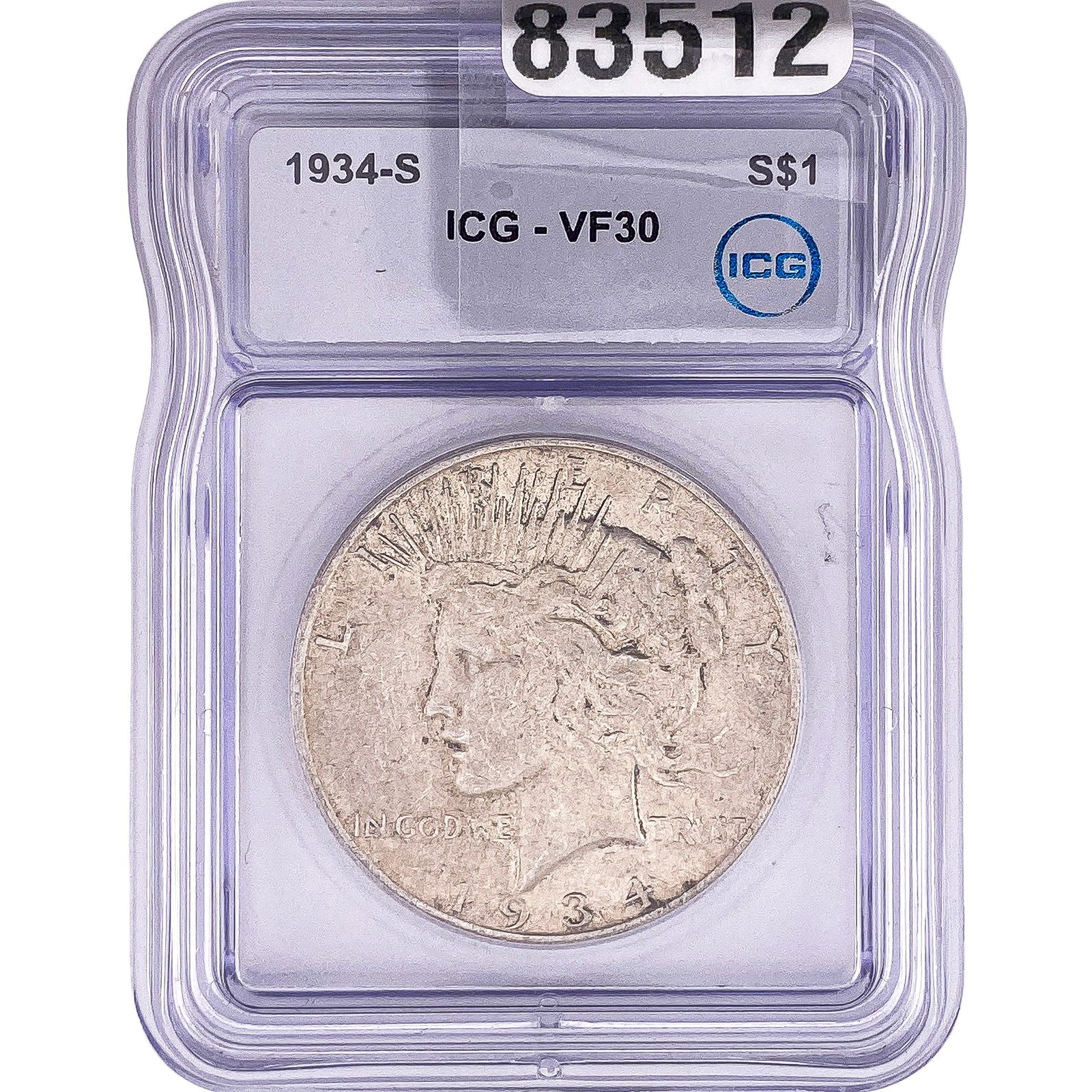1934-S Silver Peace Dollar ICG VF30: 1934-S Silver Peace Dollar ICG VF30