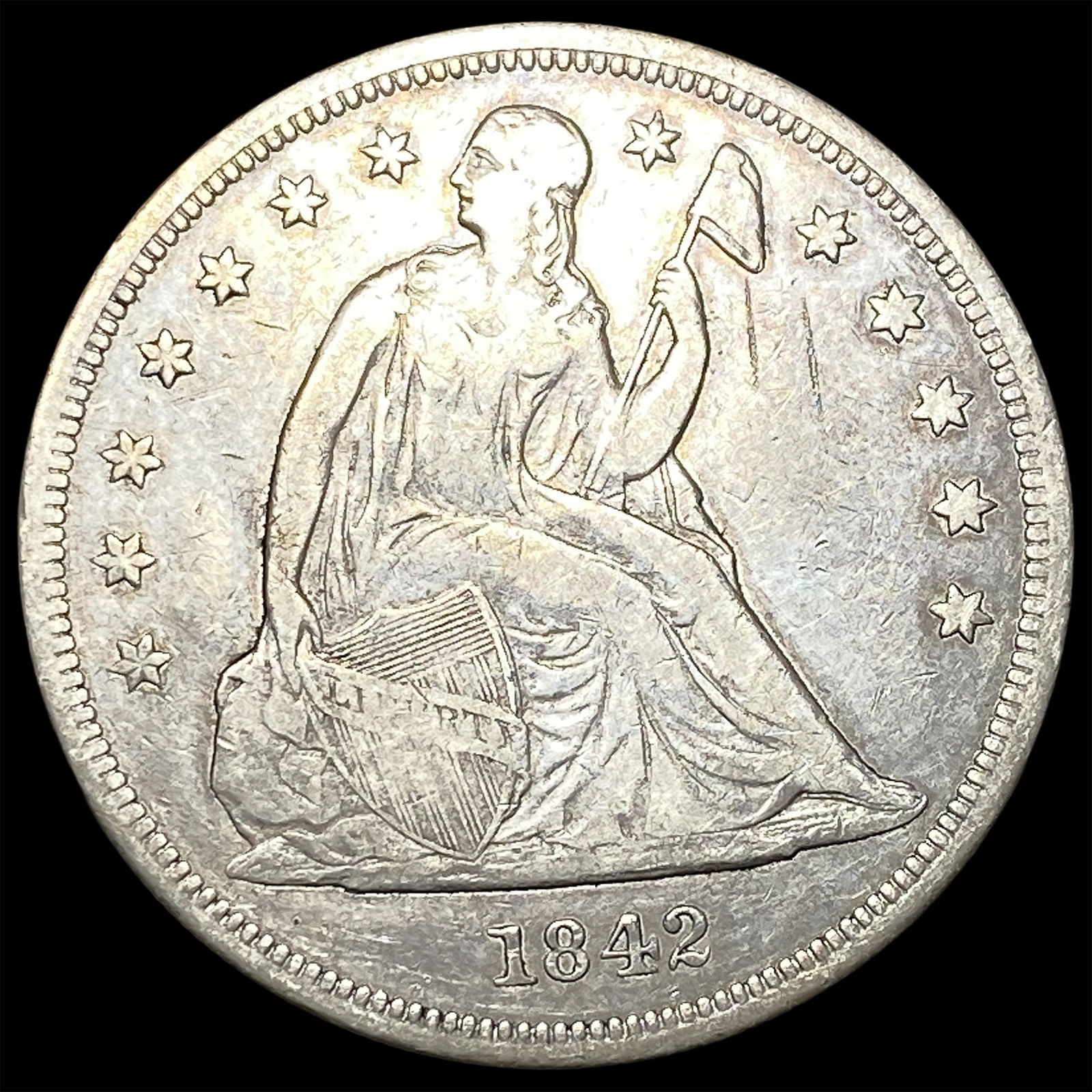 1842 Silver Seated Liberty Dollar NEARLY UNCIRCULATED: 1842 Silver Seated Liberty Dollar NEARLY UNCIRCULATED