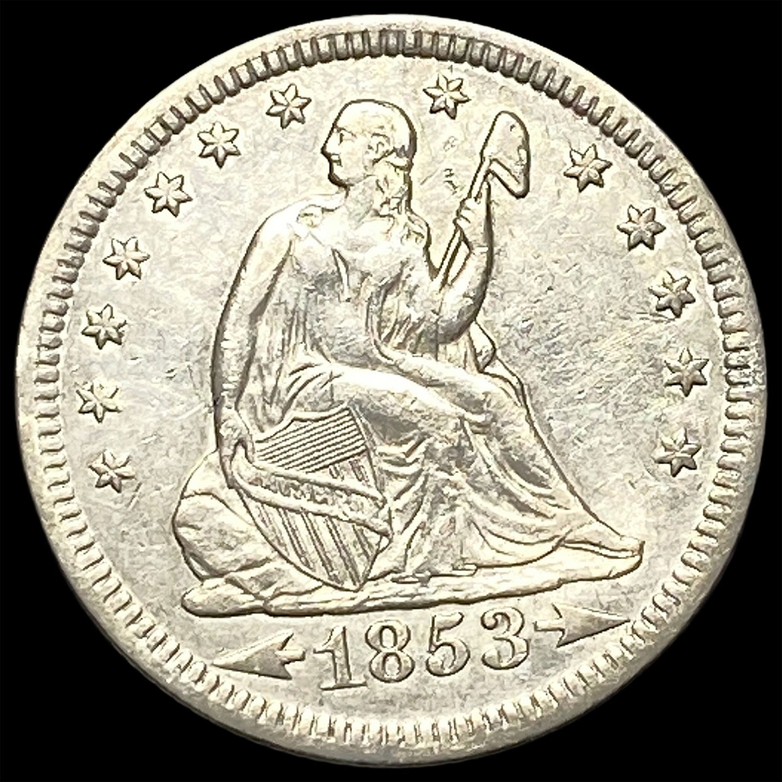 1853 Arrows Seated Liberty Quarter CLOSELY UNCIRCULATED: 1853 Arrows Seated Liberty Quarter CLOSELY UNCIRCULATED