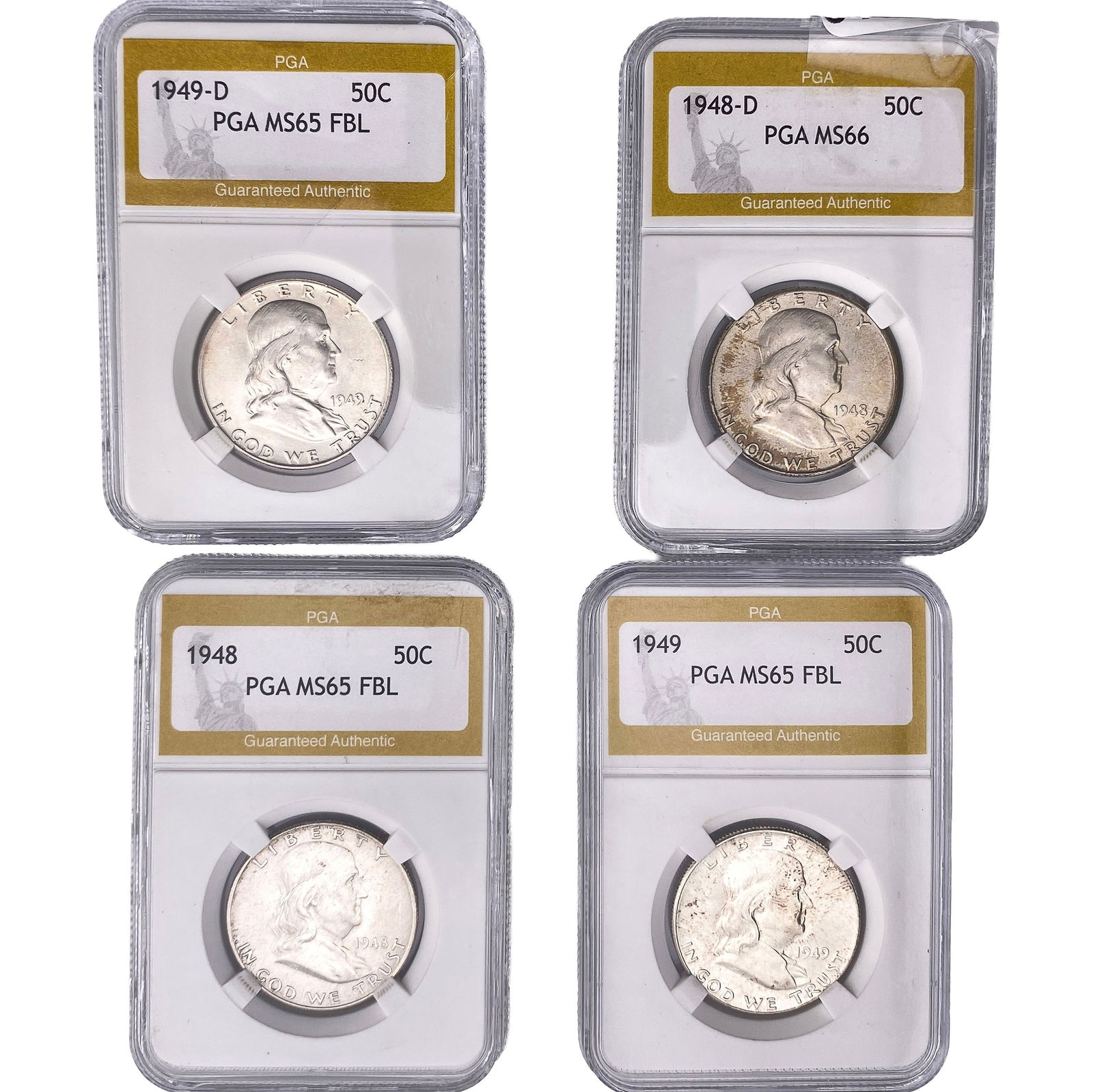 [4 Coins] 1948-1949 Franklin Half Dollar PGA MS65-66 FBL: [4 Coins] 1948-1949 Franklin Half Dollar PGA MS65-66 FBL