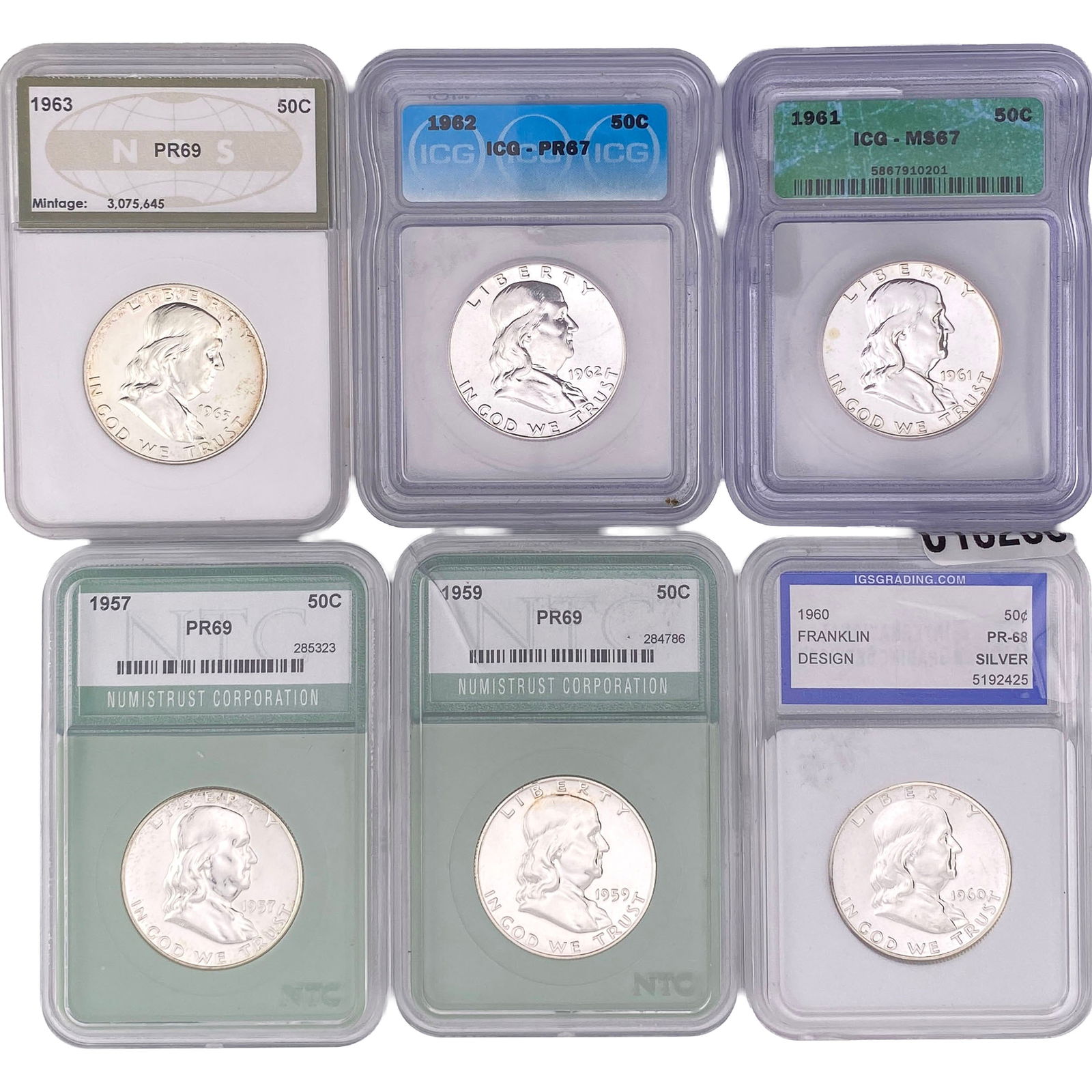 [6 Coins] 1957-1963 Franklin Half Dollar IGS/NTC/NGS/ICG PR/MS67-69: [6 Coins] 1957-1963 Franklin Half Dollar IGS/NTC/NGS/ICG PR/MS67-69