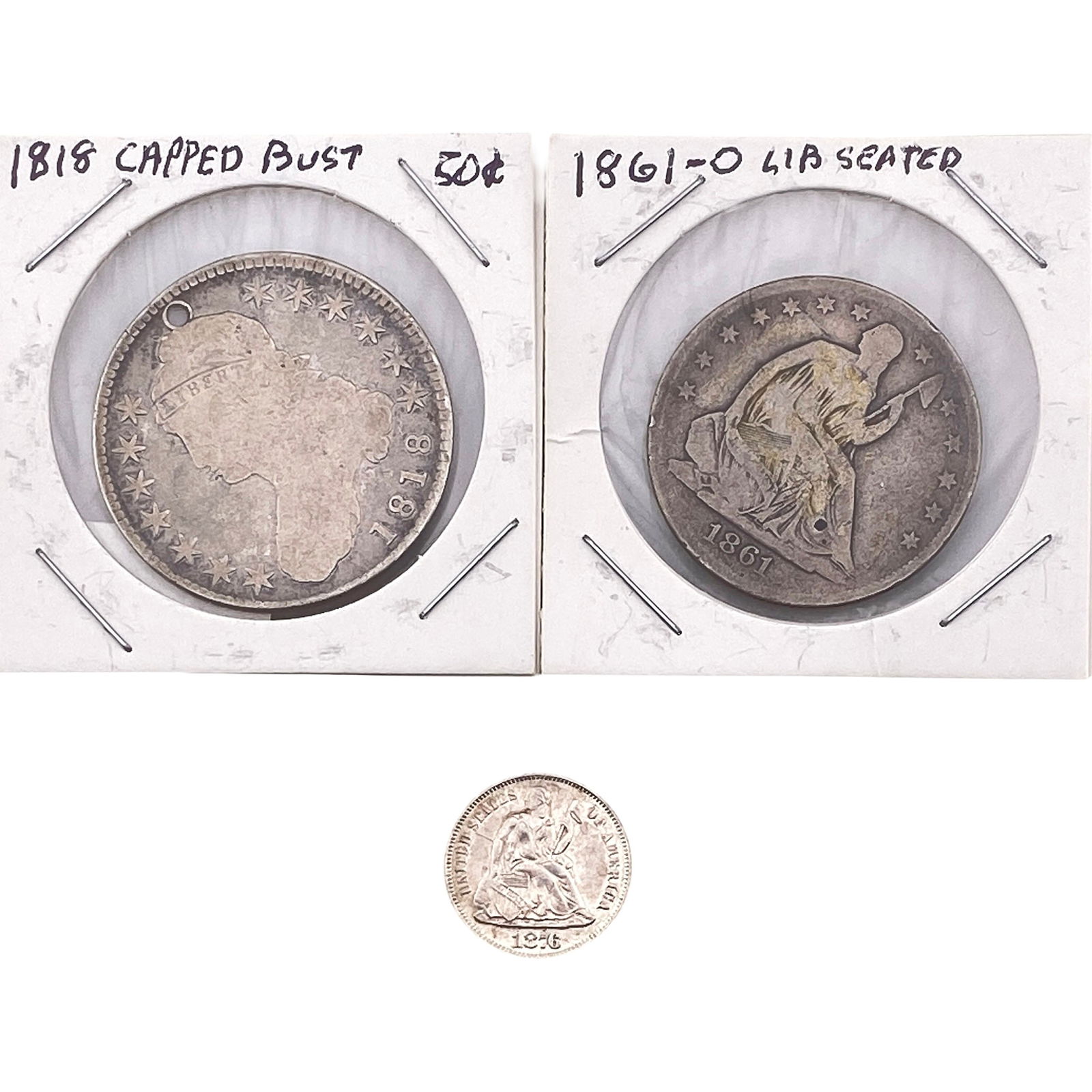 [3 Coins] 1818-1876 10C Seated Lib., 50C Seated Lib. and Cap Bust (1 of 2)