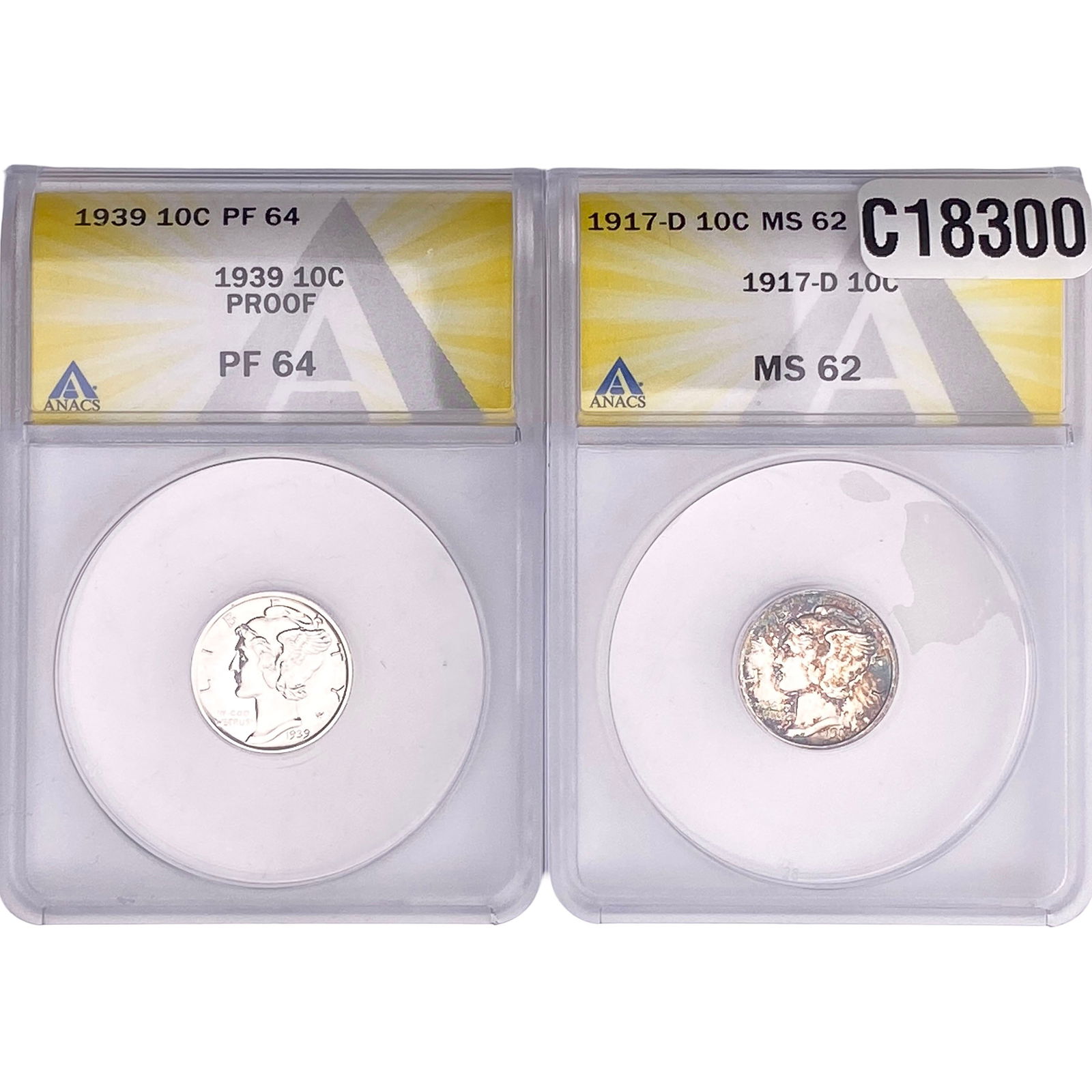 [2 Coins] 1917-1939 Mercury Silver Dime ANACS PF/MS62-64: [2 Coins] 1917-1939 Mercury Silver Dime ANACS PF/MS62-64