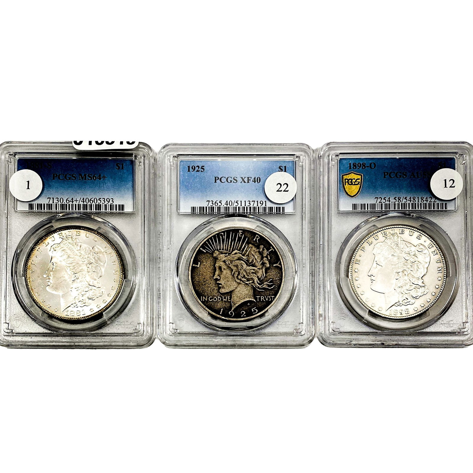 [3 Coins] 1881-1925 Peace & Morgan $1 PCGS XF/MS/AU40-64 (1 of 2)