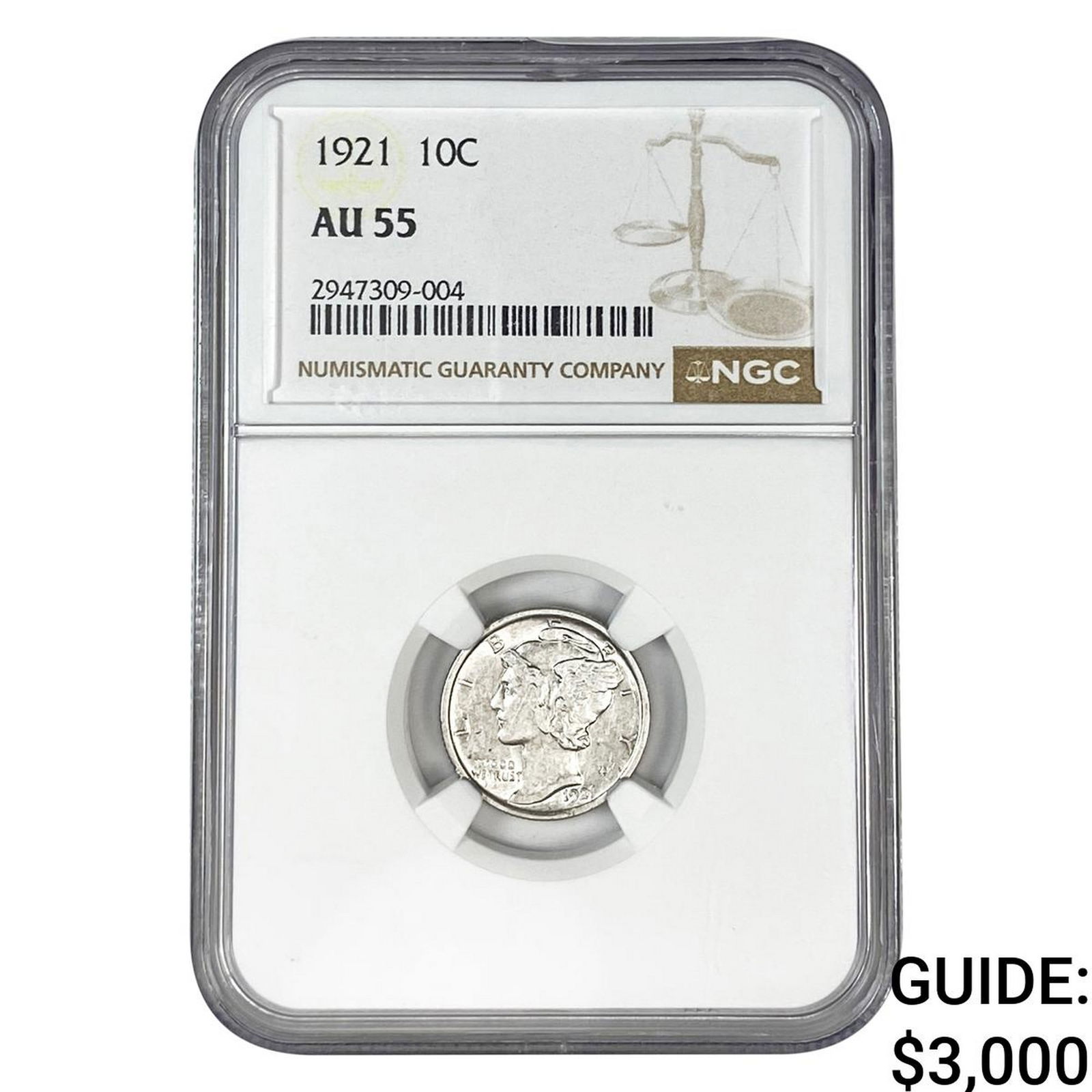 1921 Mercury Silver Dime NGC AU55: 1921 Mercury Silver Dime NGC AU55