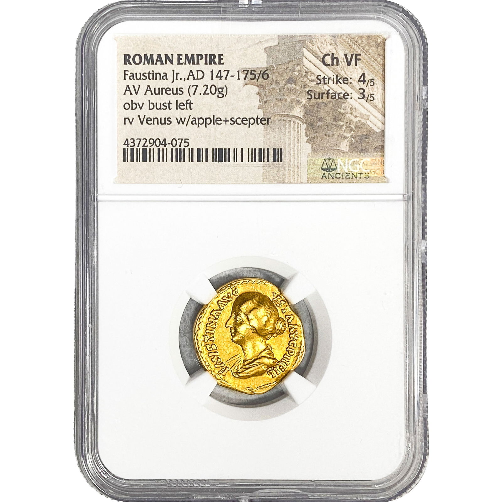 Roman Faustina Jr. AD 147-175/6 Gold Aureus 7.20g NGC CHVF: Roman Faustina Jr. AD 147-175/6 Gold Aureus 7.20g NGC CHVF
