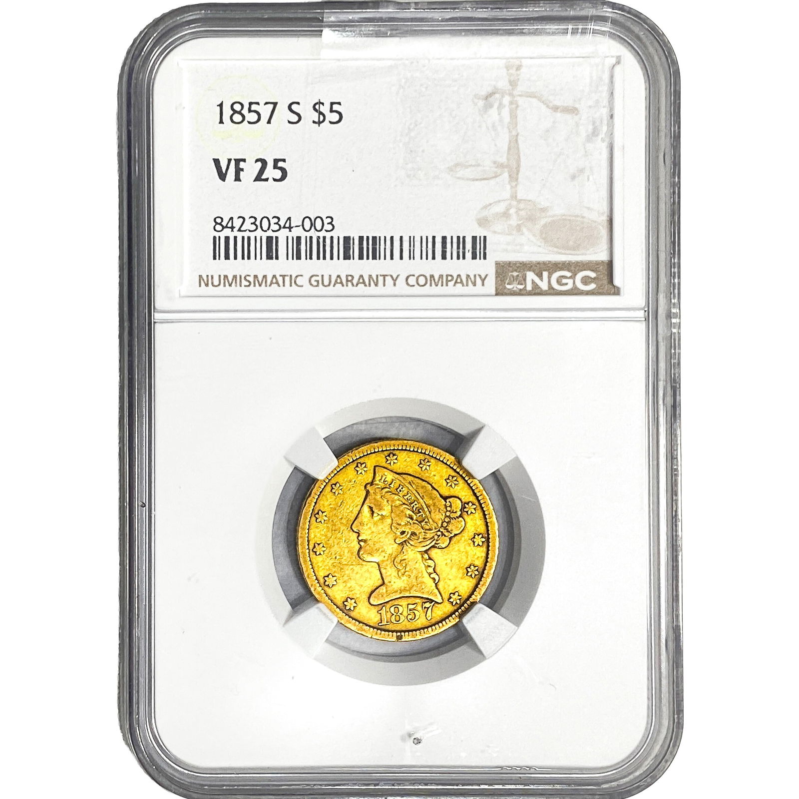 1857-S $5 Gold Half Eagle NGC VF25 (1 of 2)