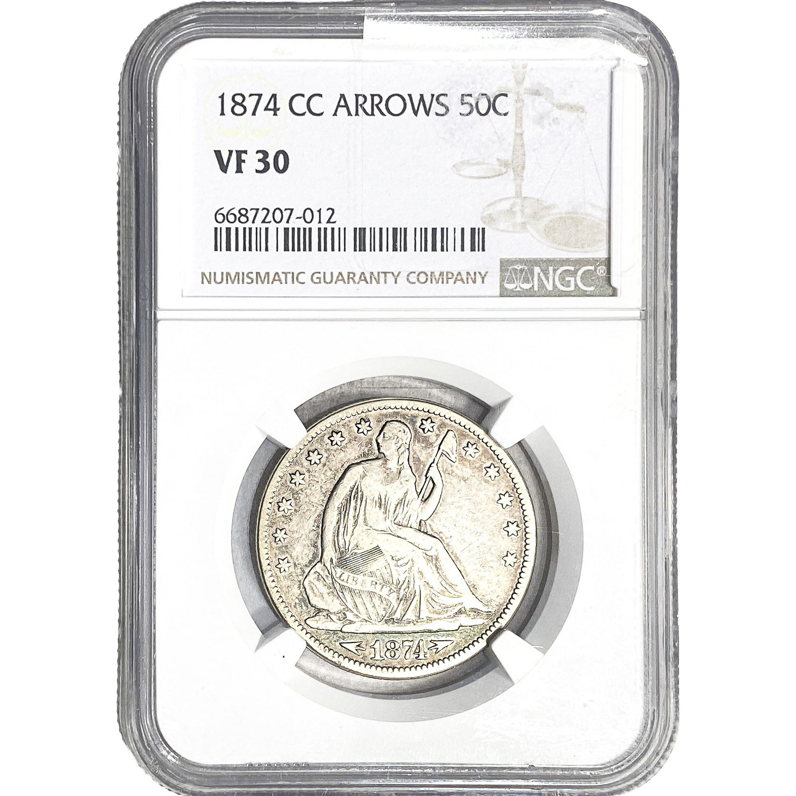 1874-CC Seated Liberty Half Dollar NGC VF30 Arrows: 1874-CC Seated Liberty Half Dollar NGC VF30 Arrows