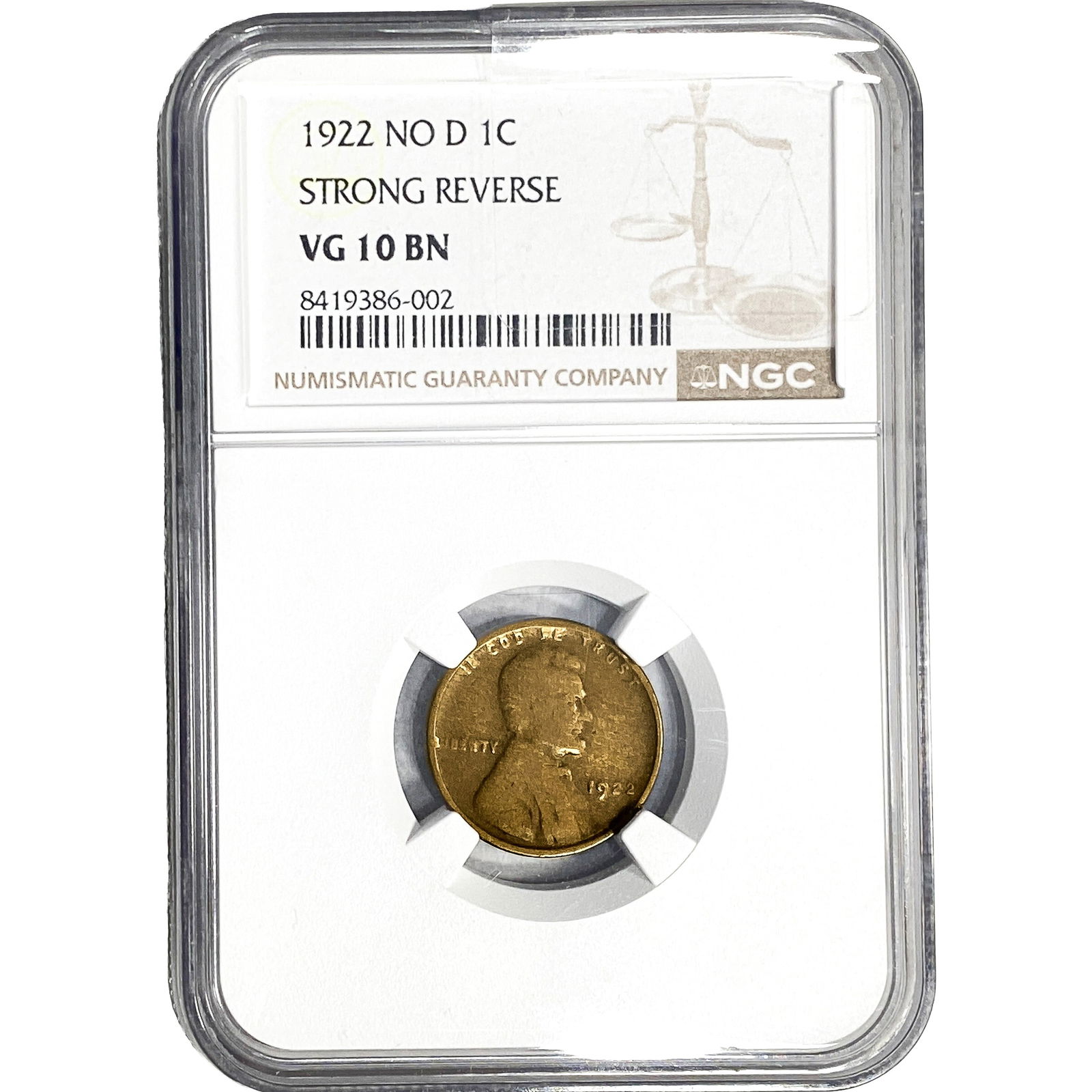 1922 No D Wheat Cent NGC VG10 BN Strong Reverse: 1922 No D Wheat Cent NGC VG10 BN Strong Reverse