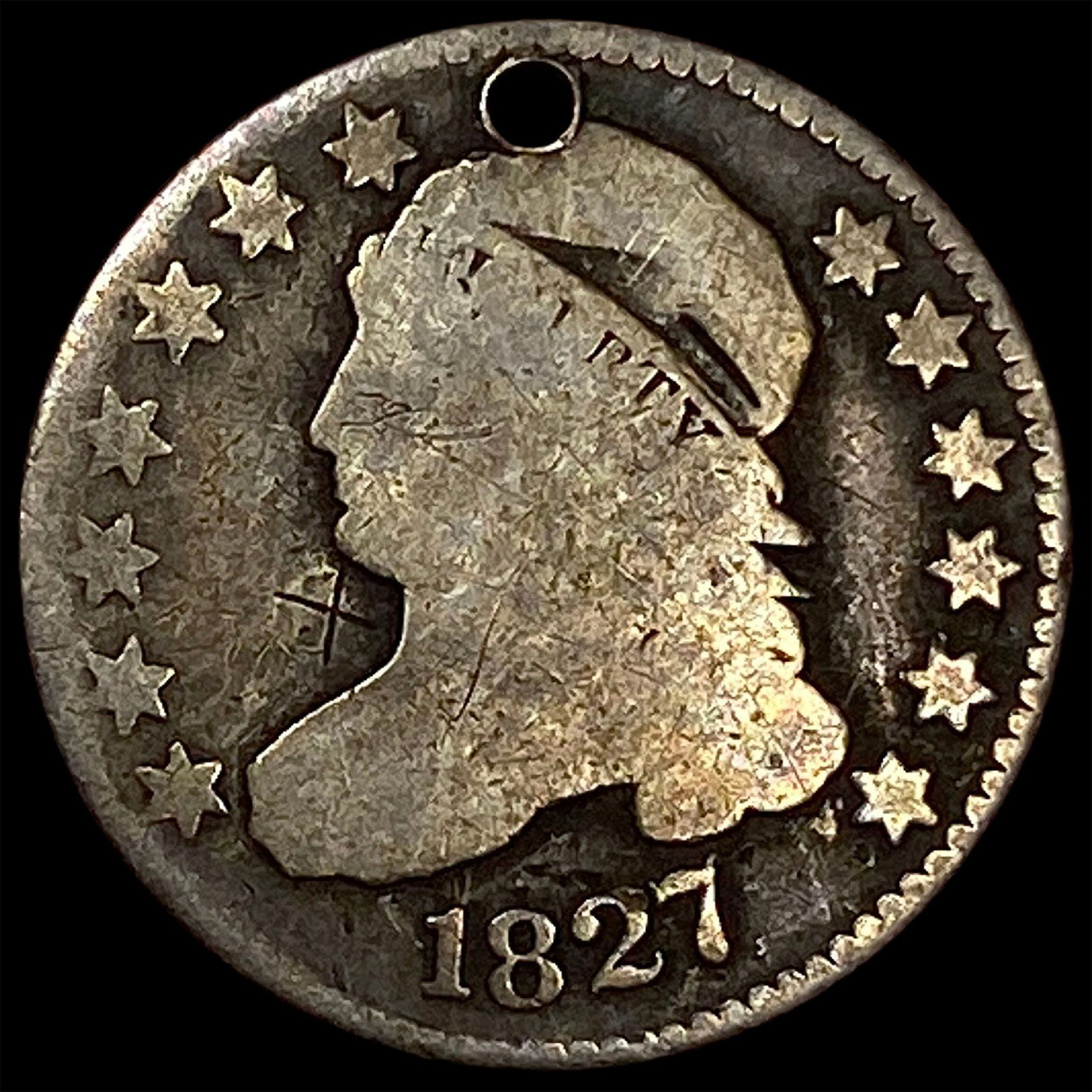1827 Capped Bust Dime (holed engraved). HIGH GRADE: 1827 Capped Bust Dime (holed engraved). HIGH GRADE