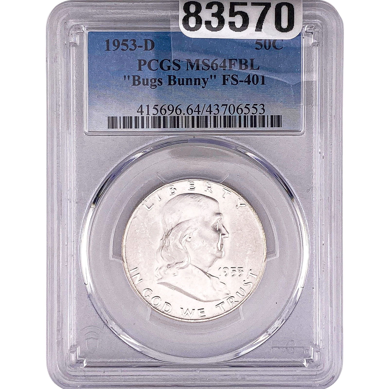 1953-D Franklin Half Dollar PCGS MS64 FBL Bugs Bunny: 1953-D Franklin Half Dollar PCGS MS64 FBL Bugs Bunny