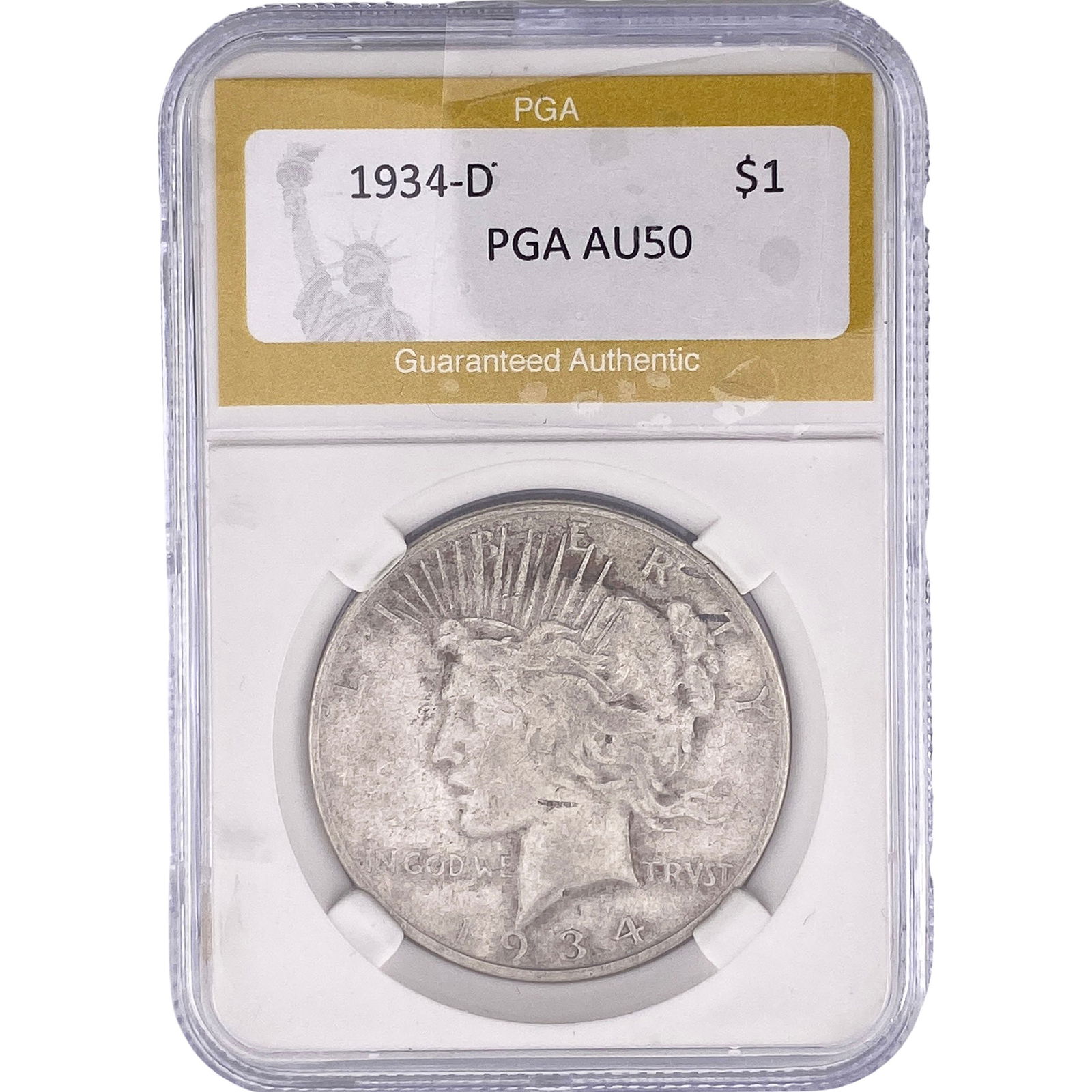 1934-D Silver Peace Dollar PGA AU50: 1934-D Silver Peace Dollar PGA AU50