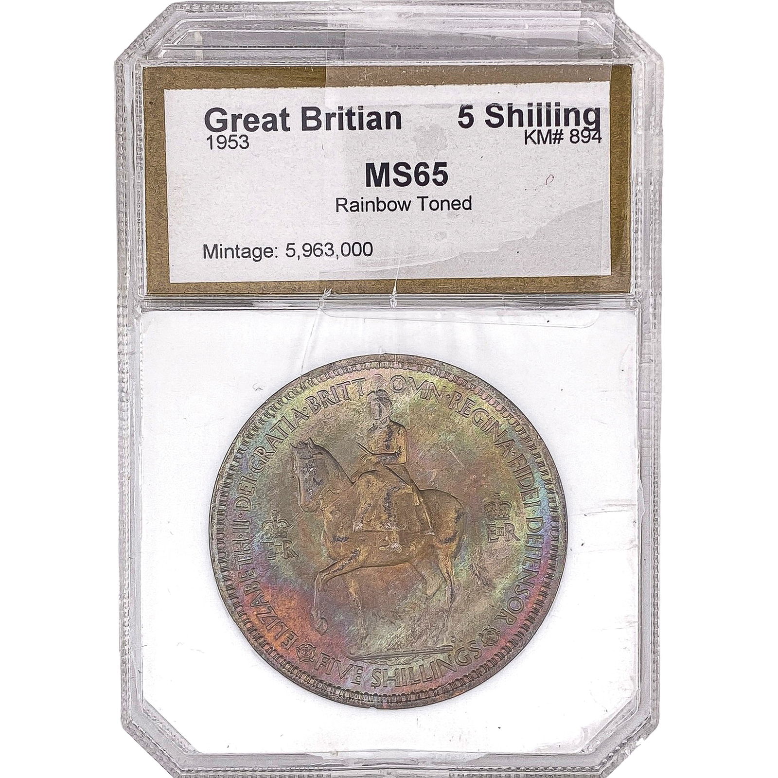 1953 Great Britain 5 Shilling PCI MS65 Rainbow Toned: 1953 Great Britain 5 Shilling PCI MS65 Rainbow Toned