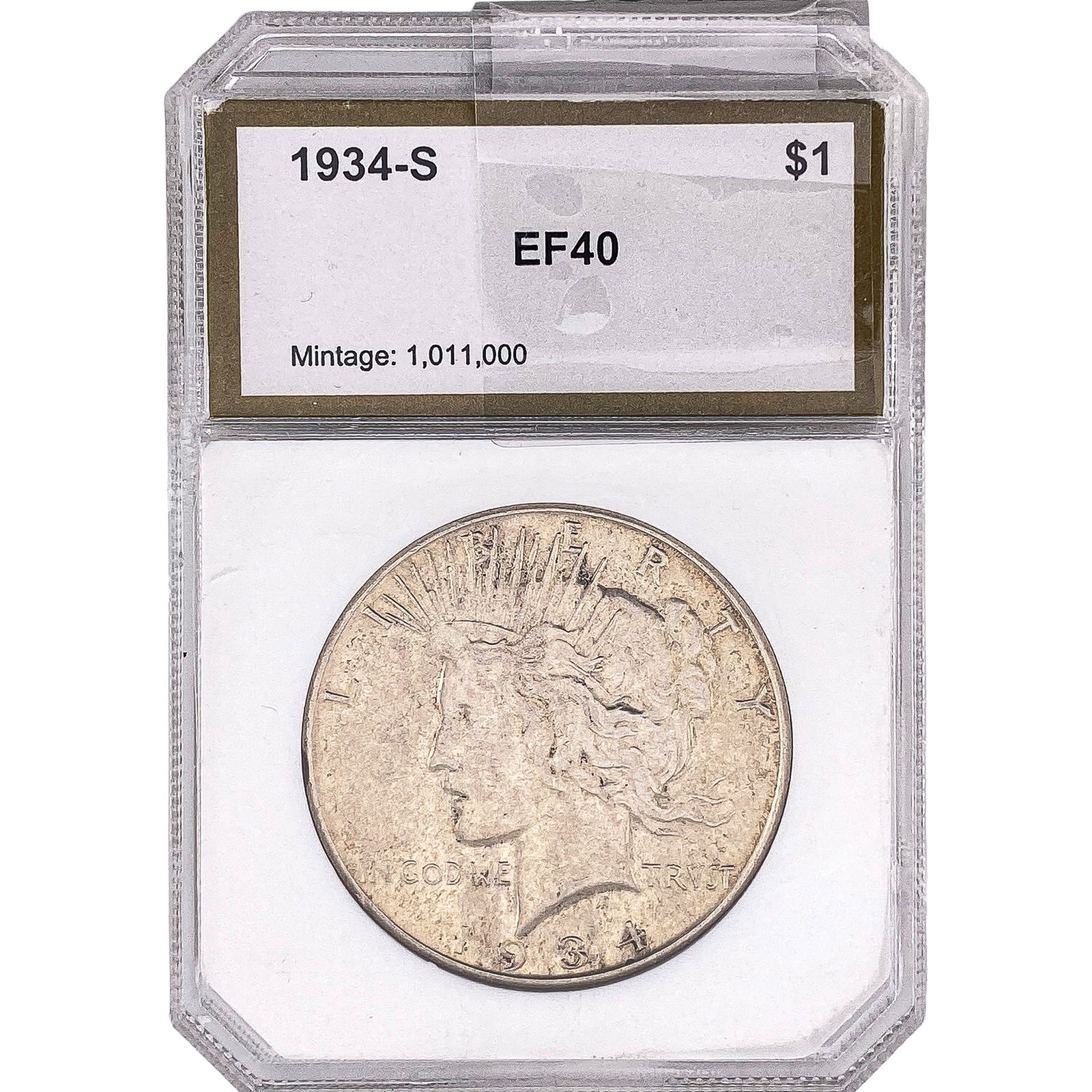 1934-S Silver Peace Dollar PCI EF40: 1934-S Silver Peace Dollar PCI EF40