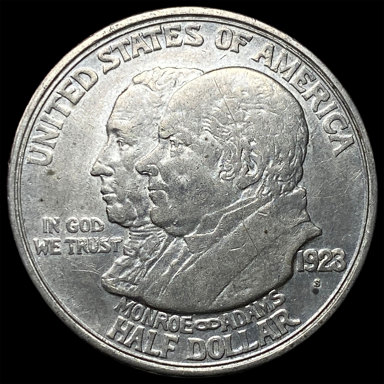 1923-S Silver Monroe Doctrine Centennial Half Dollar CLOSELY UNCIRCULATED: 1923-S Silver Monroe Doctrine Centennial Half Dollar CLOSELY UNCIRCULATED
