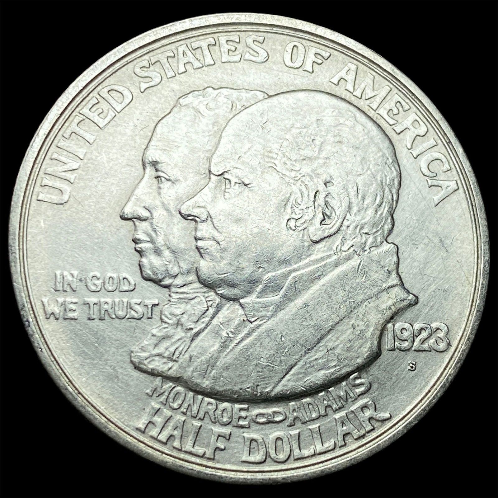 1923-S Silver Monroe Doctrine Half Dollar CLOSELY UNCIRCULATED: 1923-S Silver Monroe Doctrine Half Dollar CLOSELY UNCIRCULATED