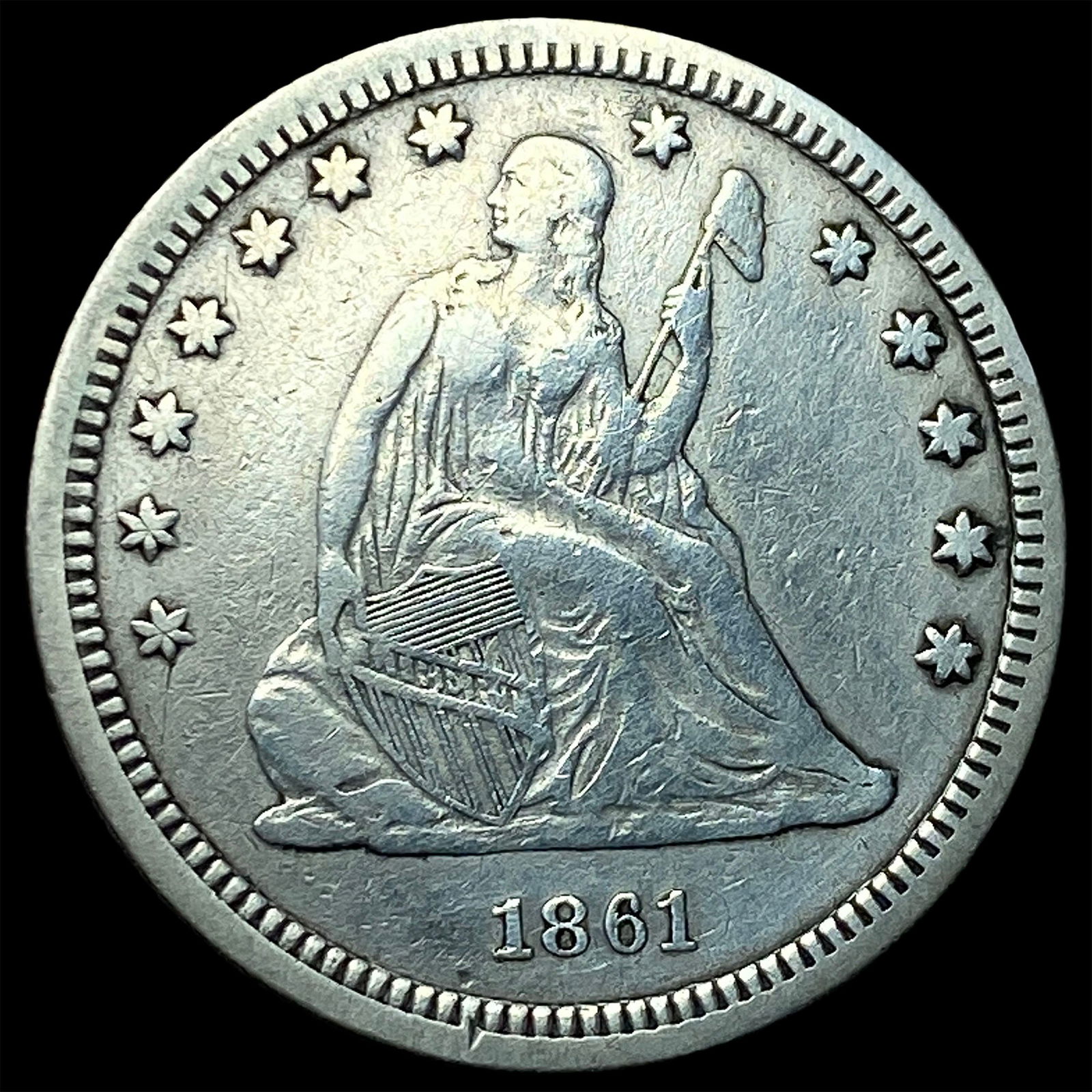 1861 Silver Seated Liberty Quarter NEARLY UNCIRCULATED: 1861 Silver Seated Liberty Quarter NEARLY UNCIRCULATED