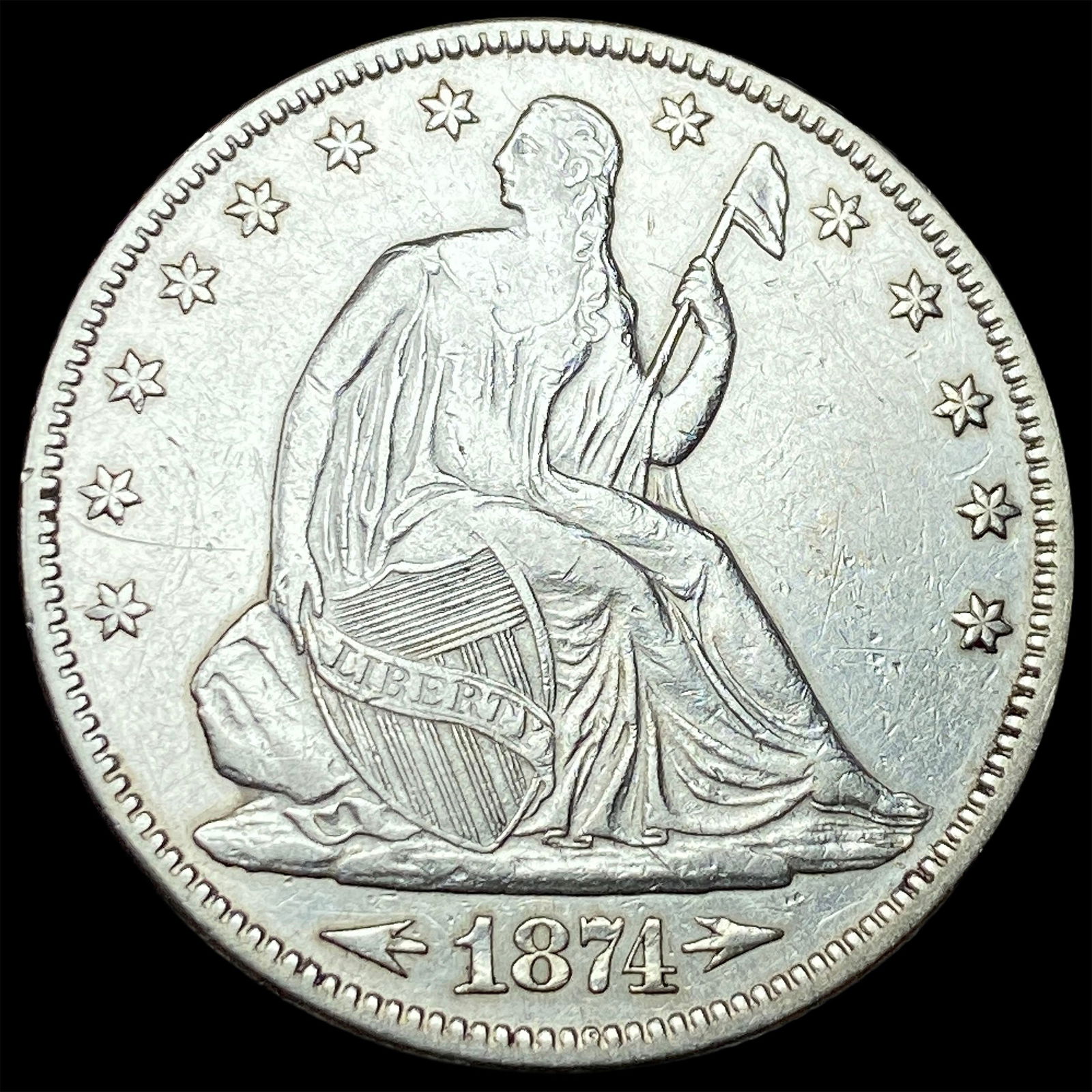 1874 Arrows Seated Liberty Half Dollar CLOSELY UNCIRCULATED: 1874 Arrows Seated Liberty Half Dollar CLOSELY UNCIRCULATED