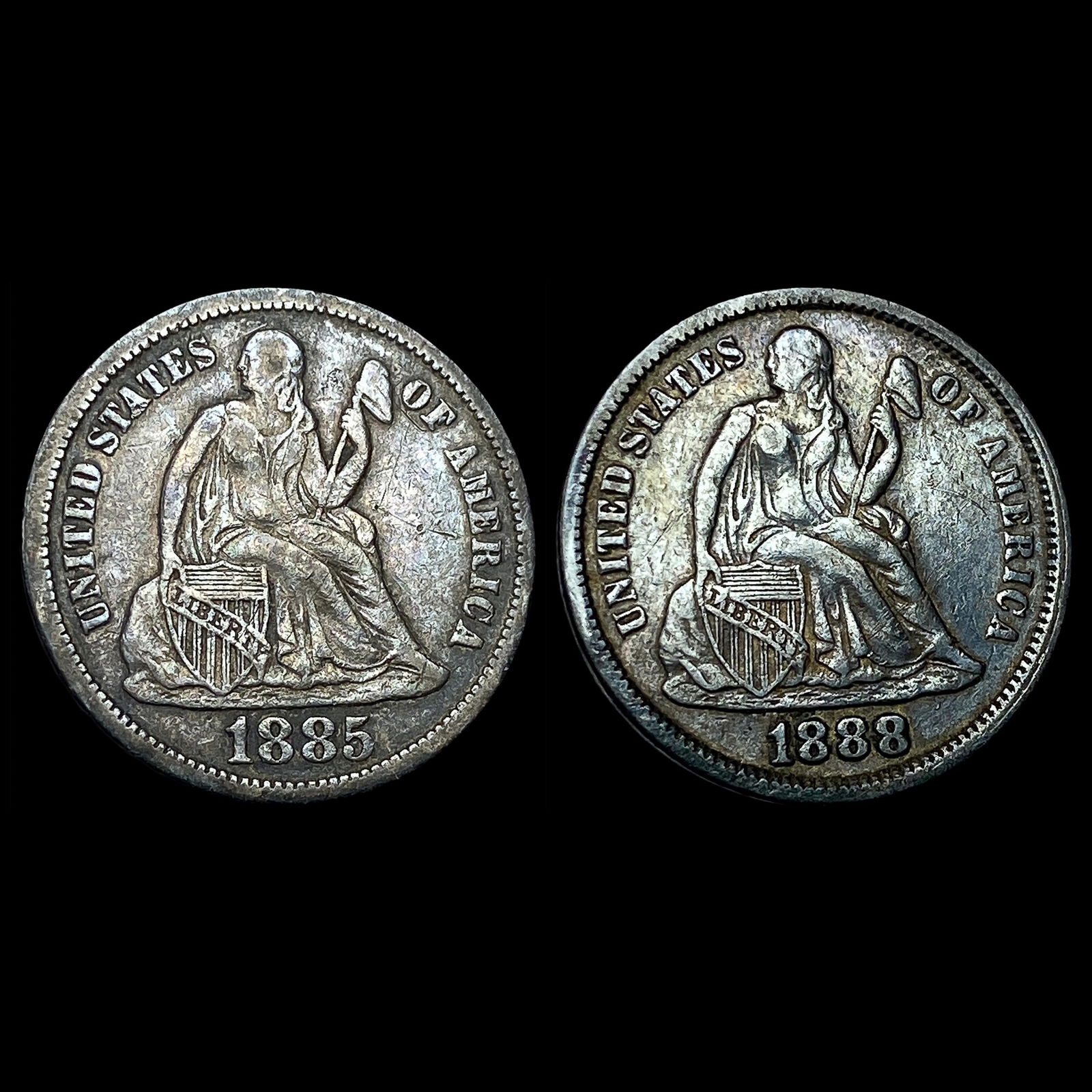 [2] 1885/1888 Seated Liberty Dime Silver NEARLY UNCIRCULATED: [2] 1885/1888 Seated Liberty Dime Silver NEARLY UNCIRCULATED