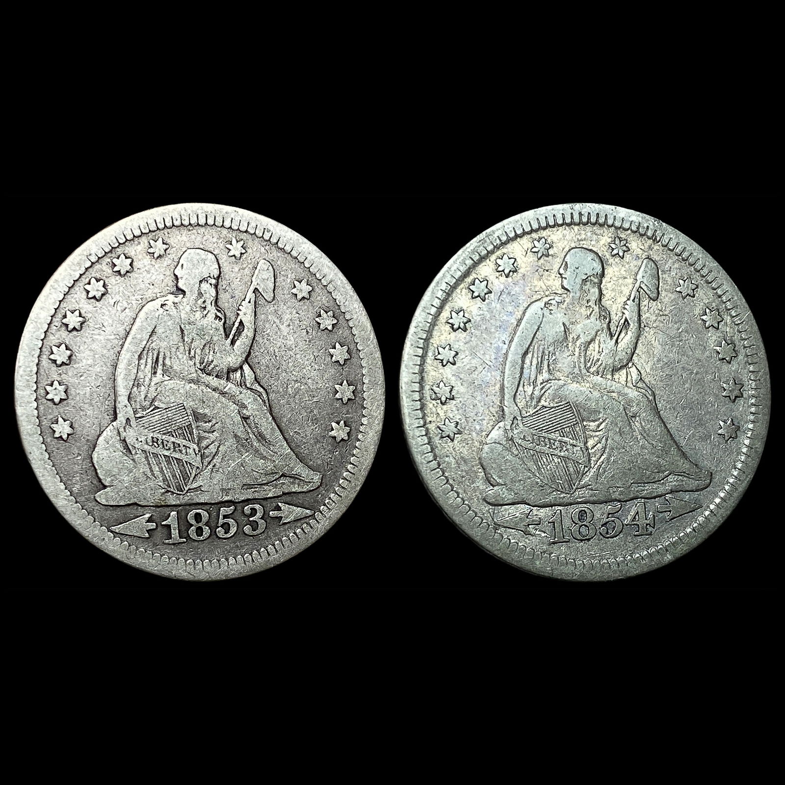 [2 Coins] 1853/1854 Arrows Silver Quarter No Mint Mark NICELY CIRCULATED: [2 Coins] 1853/1854 Arrows Silver Quarter No Mint Mark NICELY CIRCULATED