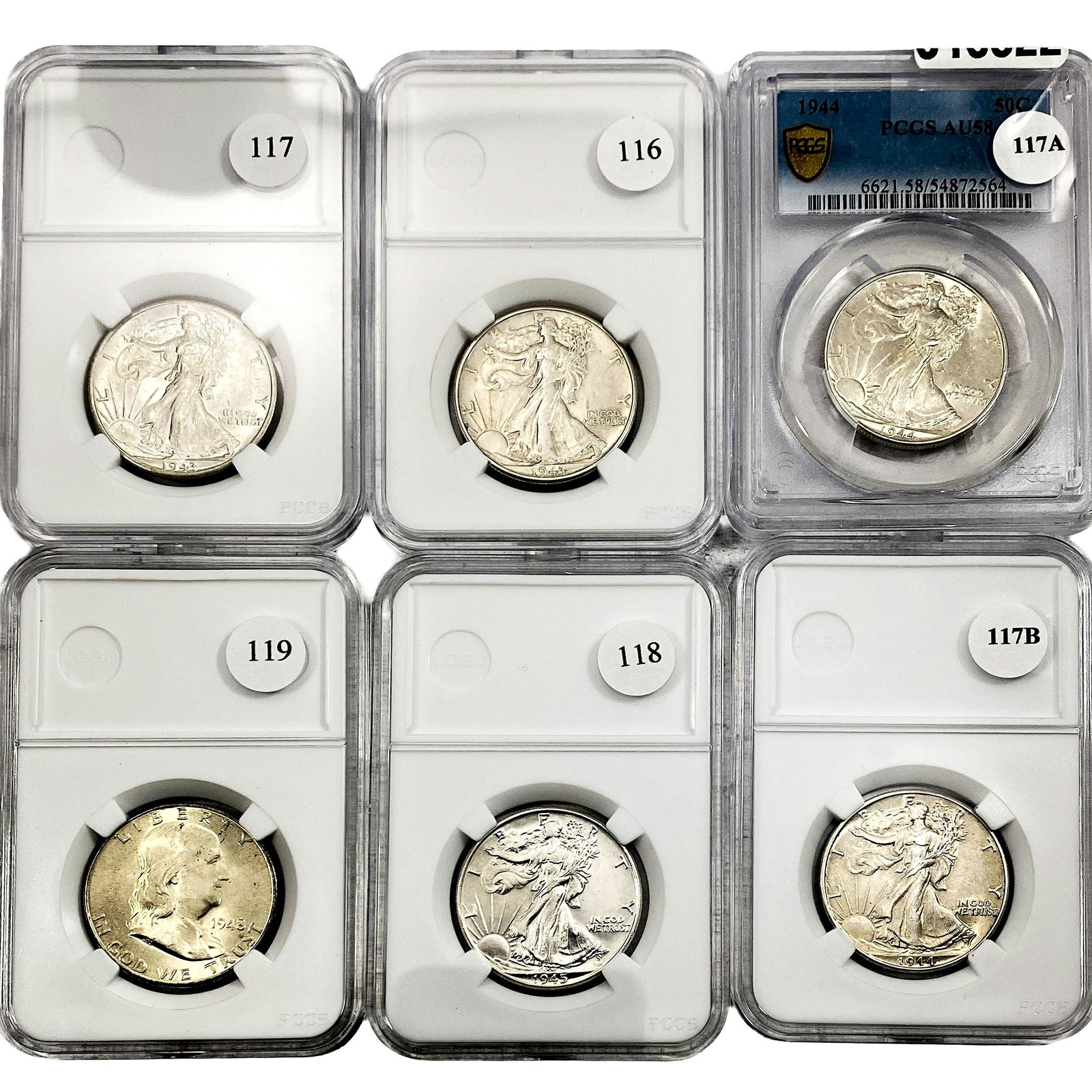 [6 Coins]1943-1948 50C Walking Lib. & Franklin PCGS AU58: [6 Coins]1943-1948 50C Walking Lib. & Franklin PCGS AU58