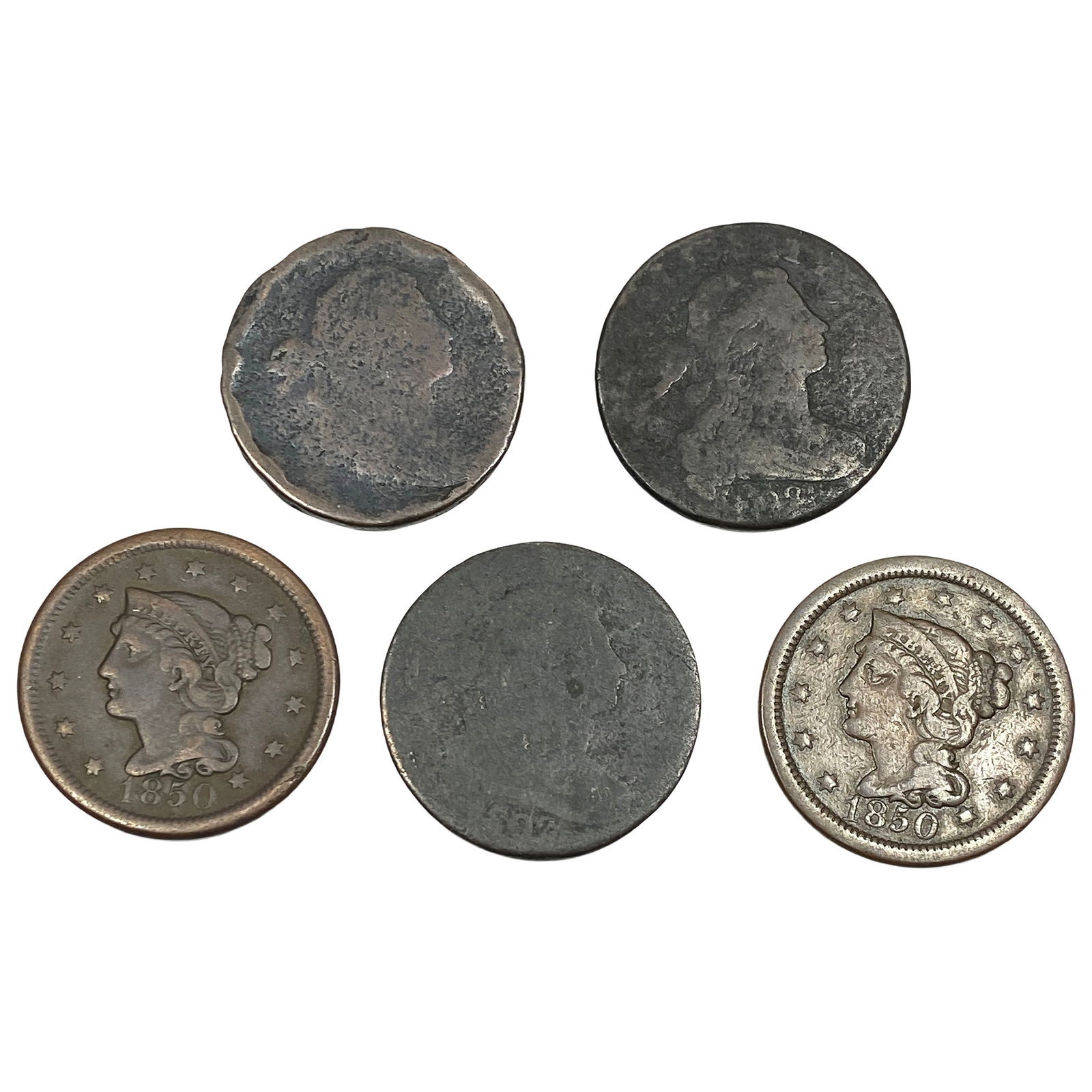 [5 Coins] 1802-1850 1/2C Draped Bust & Braid. Hair: [5 Coins] 1802-1850 1/2C Draped Bust & Braid. Hair