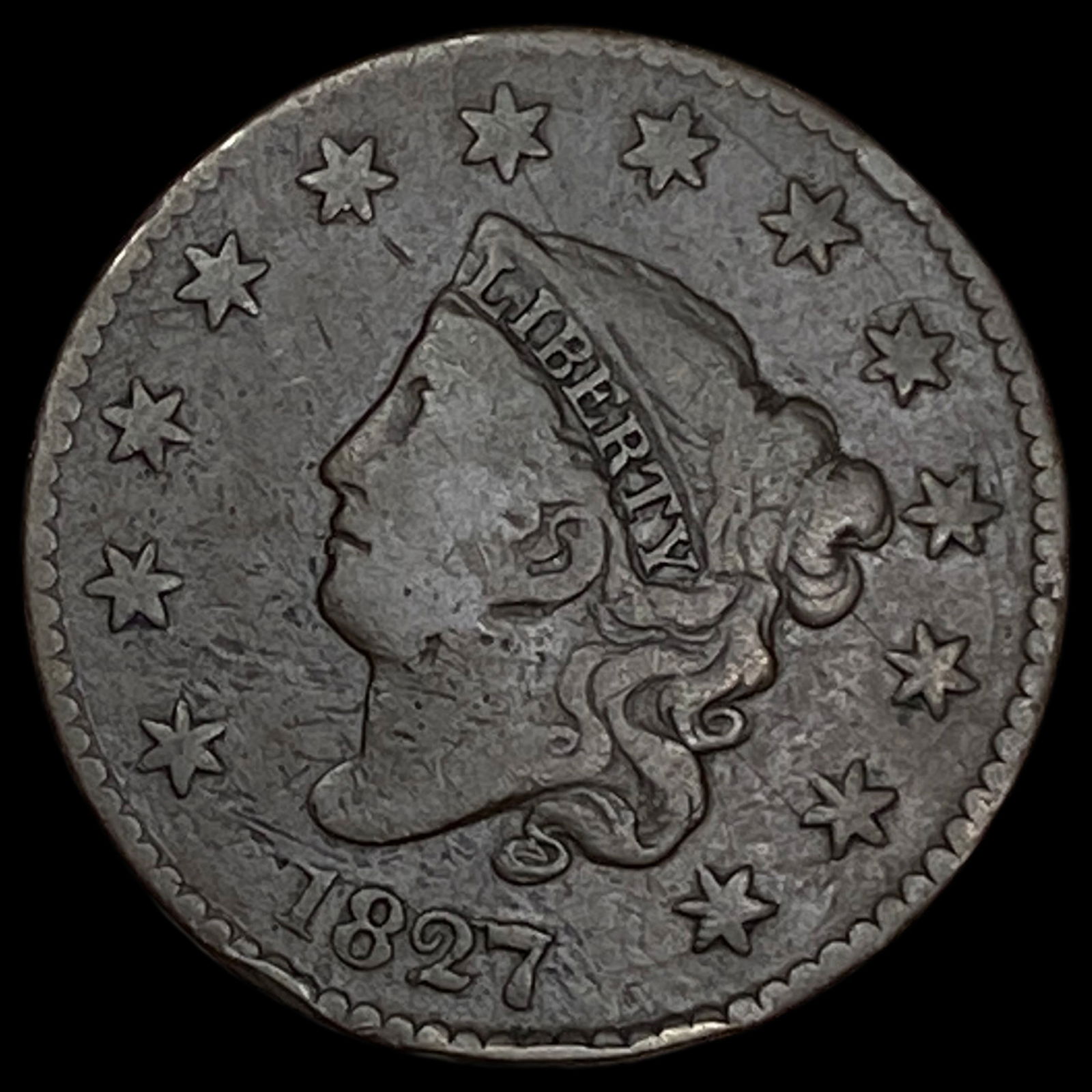 1827 Coronet Head Large Cent ABOUT UNCIRCULATED: 1827 Coronet Head Large Cent ABOUT UNCIRCULATED