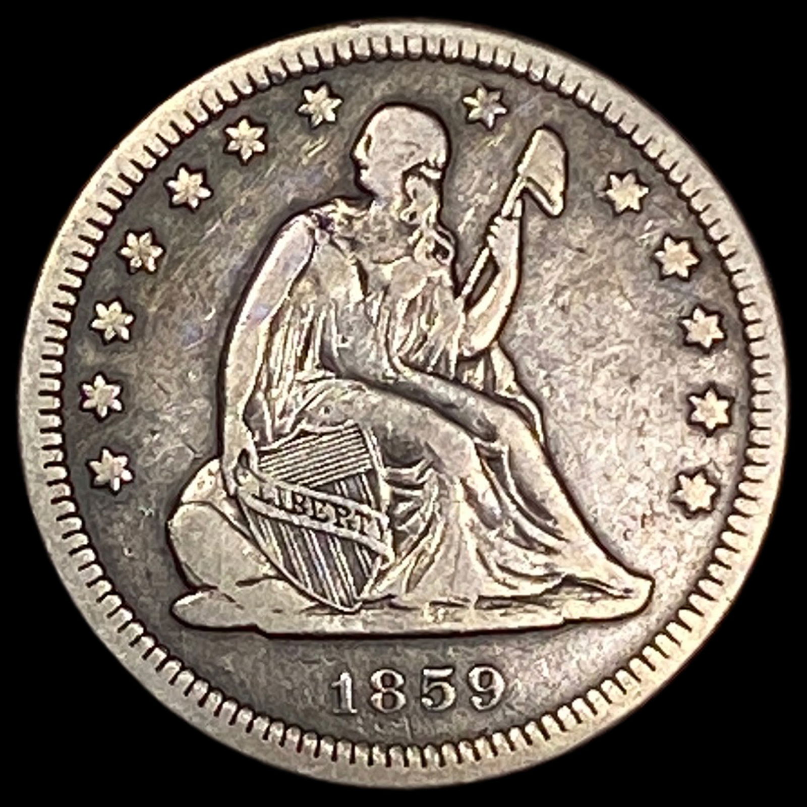 1859-O Silver Seated Liberty Quarter ABOUT UNCIRCULATED: 1859-O Silver Seated Liberty Quarter ABOUT UNCIRCULATED